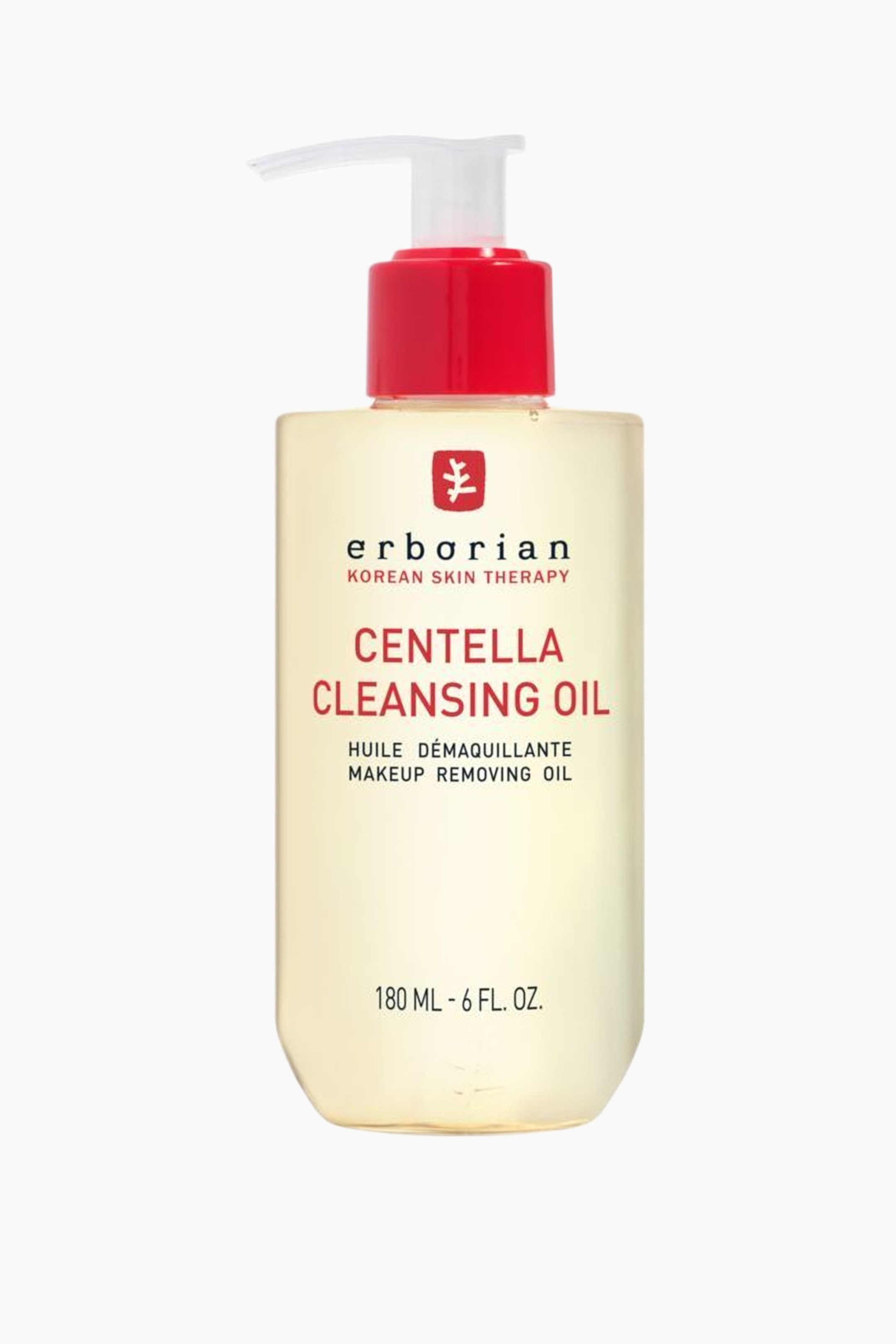 Vis større bilde: En flaske med Erborian Centella Cleansing Oil står oppreist og vendt fremover, med en klar, rektangulær beholder som inneholder en blekgul væske. En rød pumpe med en hvit dyse topper flasken, og etiketten foran viser "erborian Korean Skin Therapy," "Centella Cleansing Oil," og volumet "180 ML - 6 FL. OZ." i svart og rød tekst.