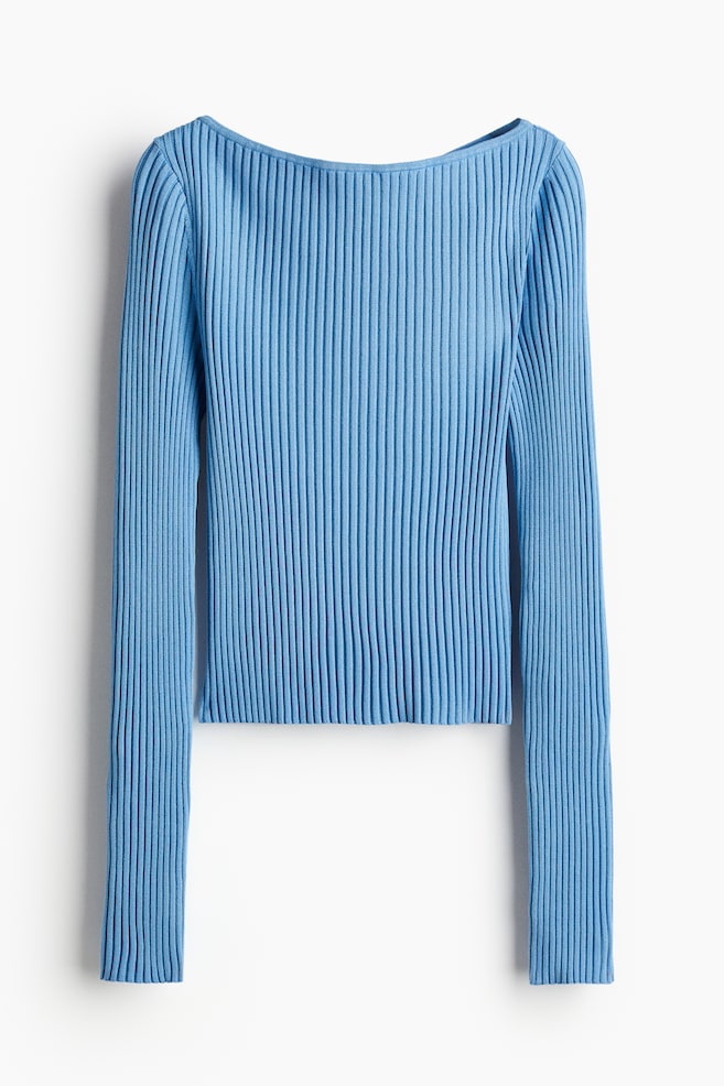 Rib-knit Boat-neck Top - Blue - 1