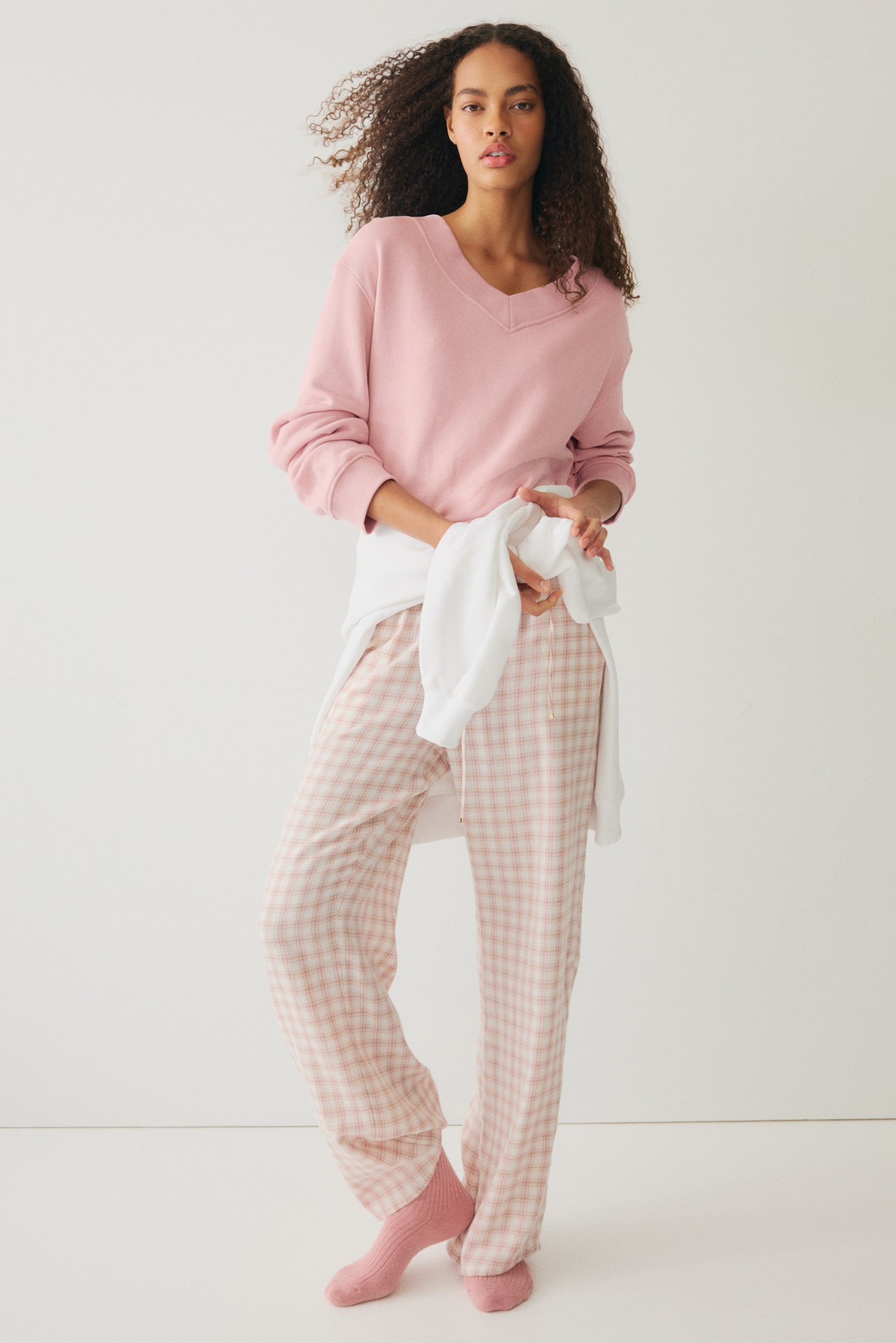 V-neck sweatshirt - Dusty pink/Navy blue/Light grey marl - 1