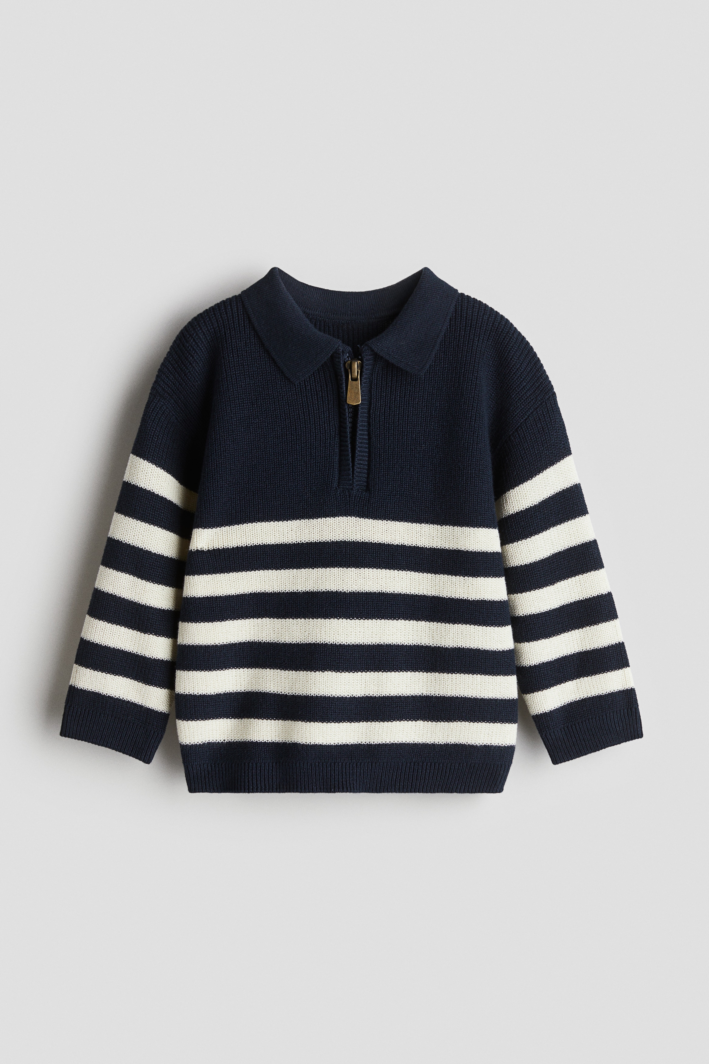 Cotton Polo Sweater - Navy blue/Stripe/Dark beige