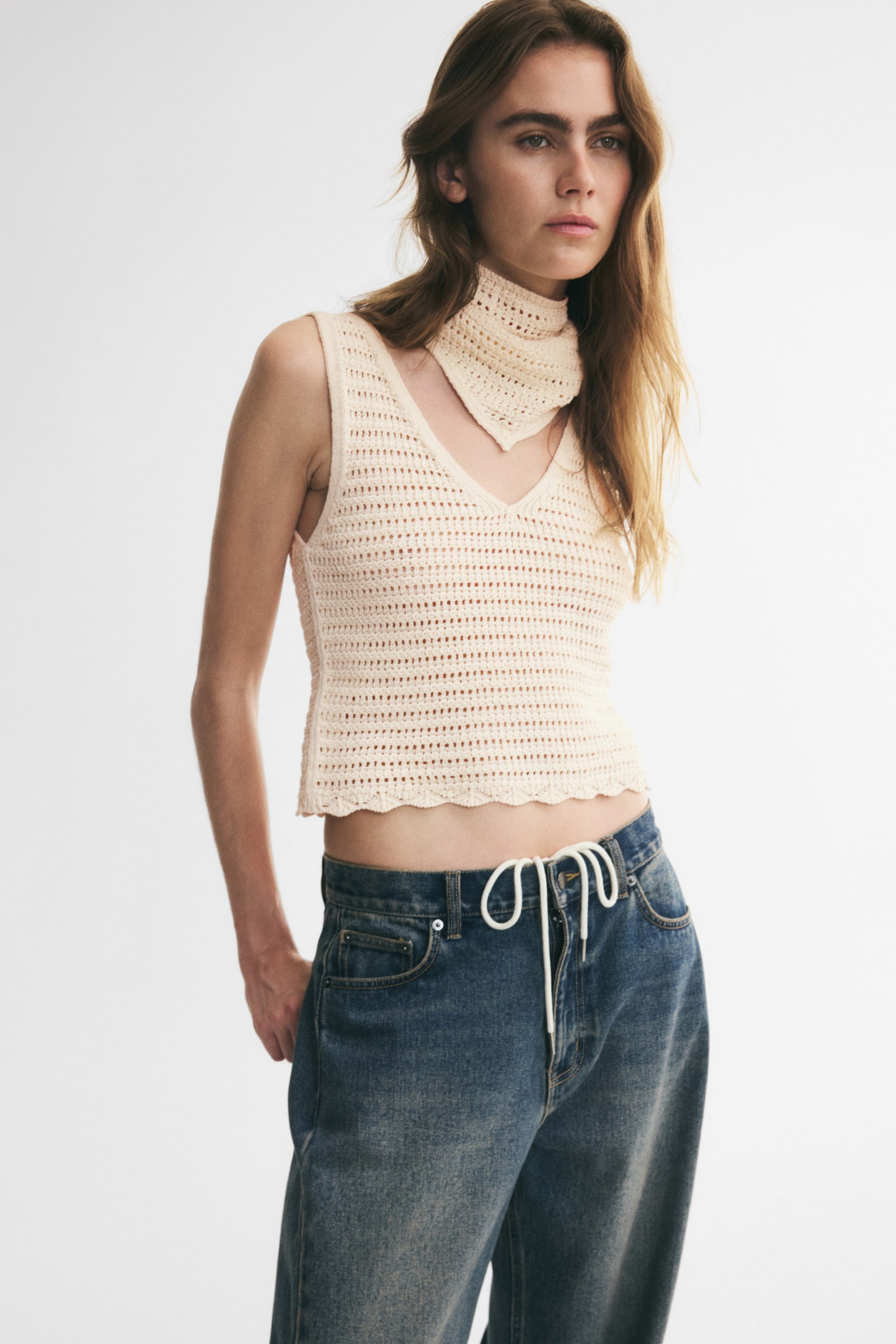 Top em malha pointelle com lenço - Creme - 1