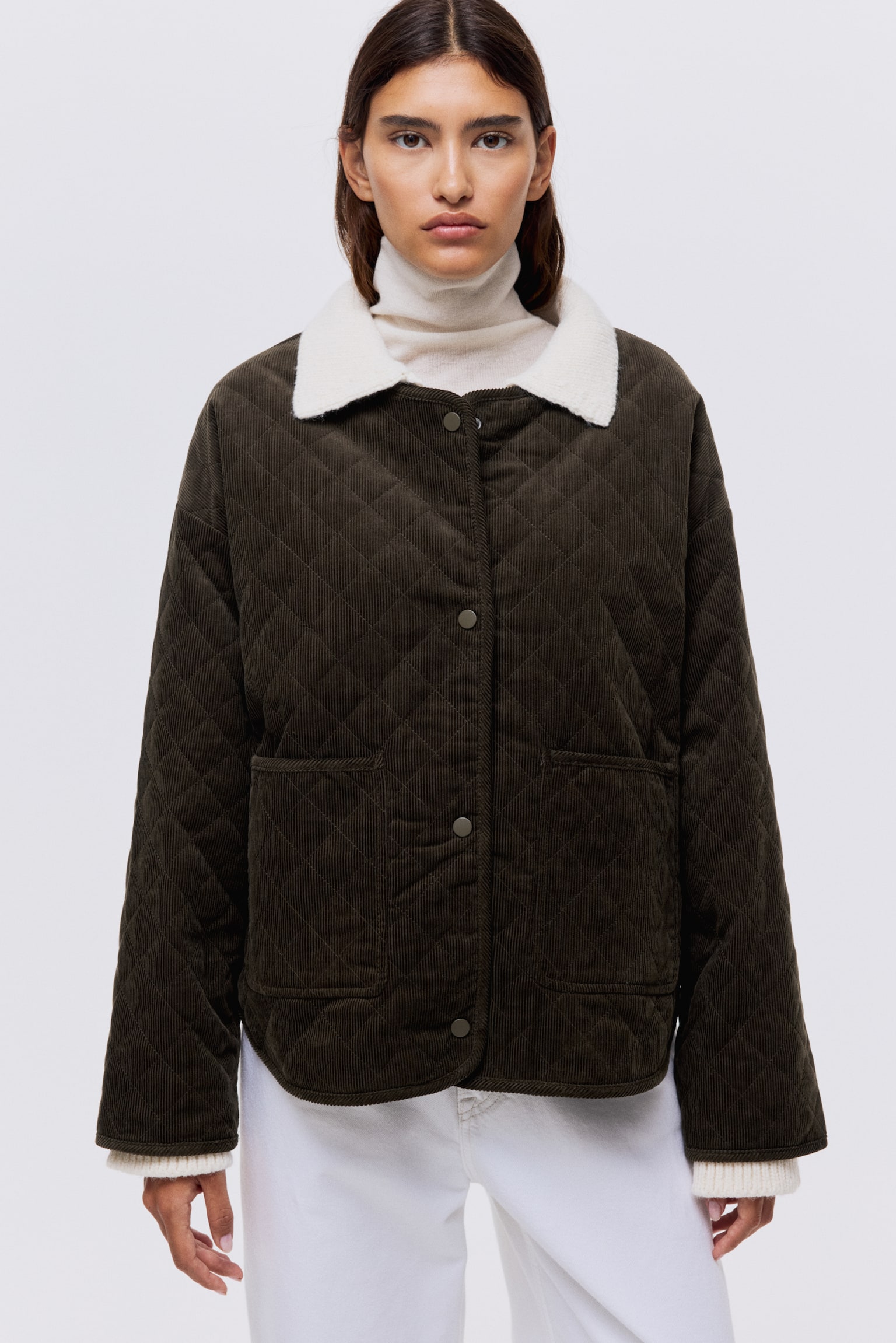 Oversized quilted corduroy jacket - Dark khaki green/Brown - 7