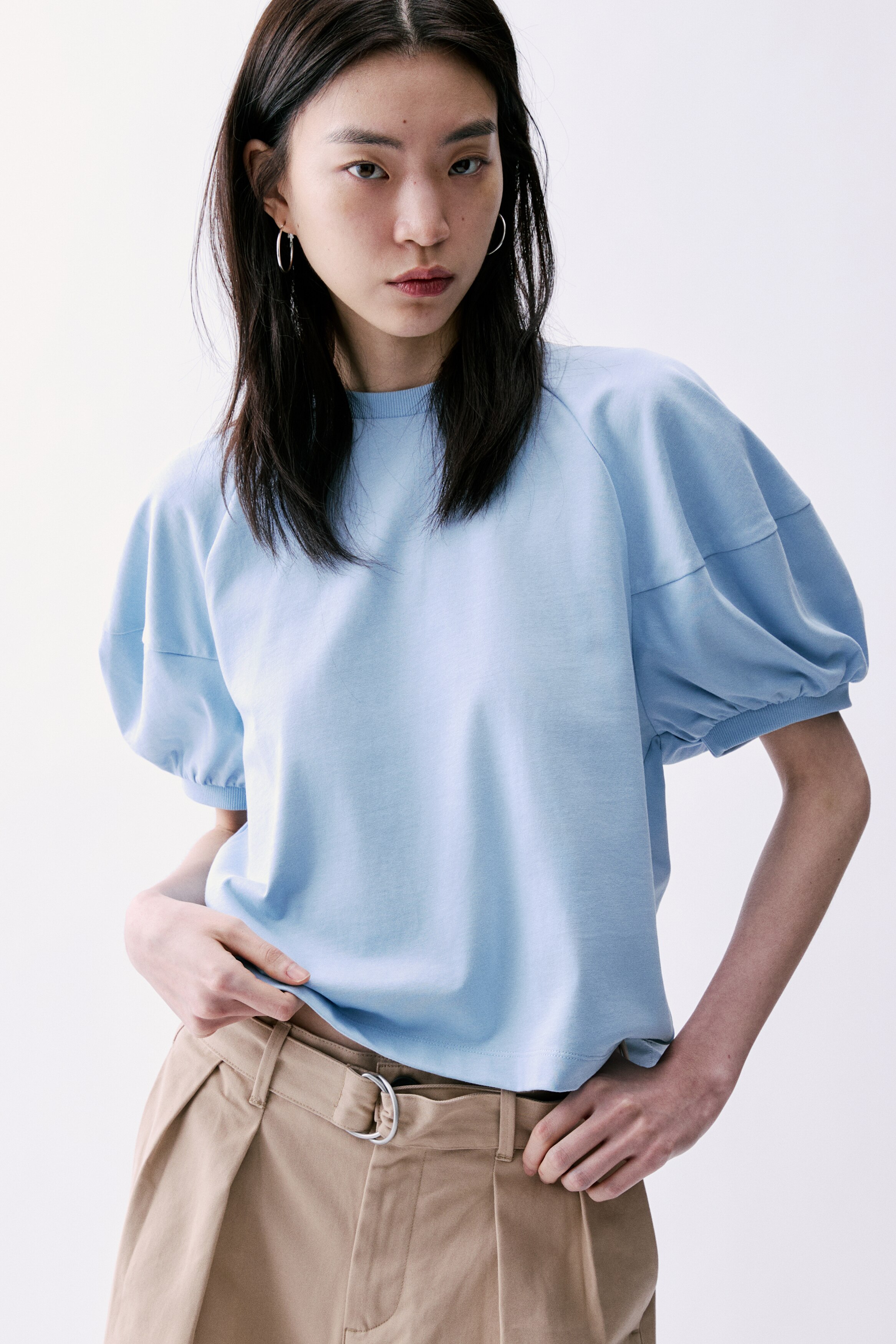 Puff-Sleeved Top - Light blue/White