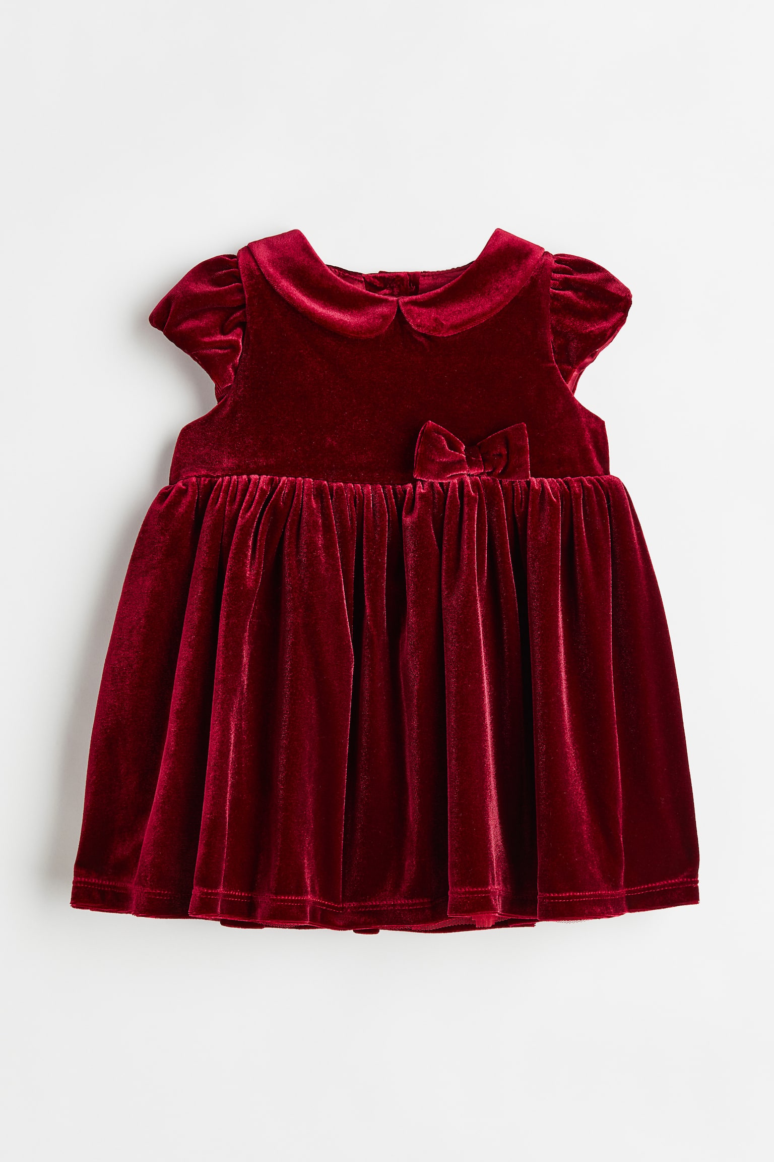 Puff Sleeve Velour Dress - Dark red - 1