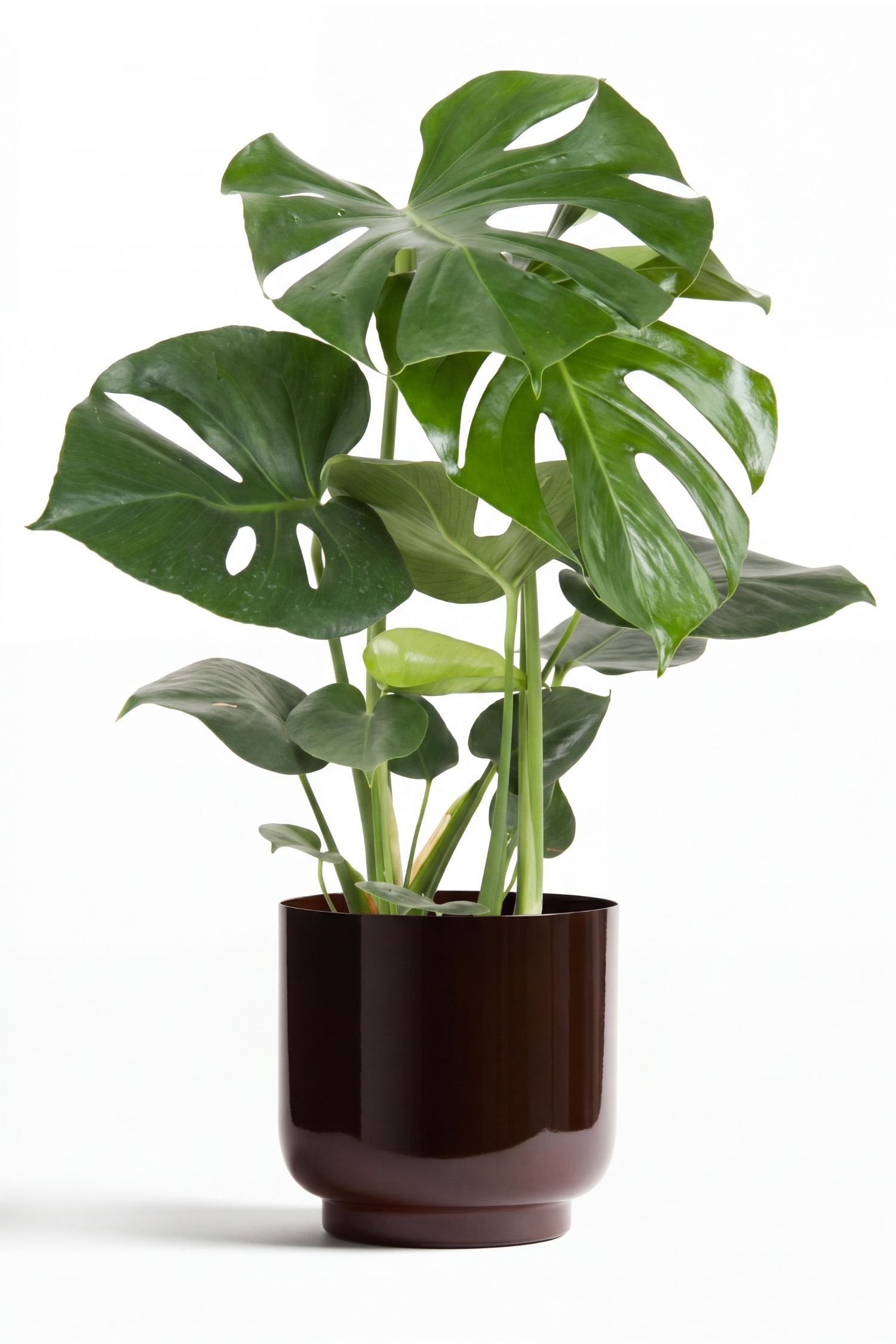 Eine Monstera-Pflanze steht aufrecht und zeigt ihre großen, glänzend grünen Blätter mit charakteristischen Fenestrierungen. Sie wird in einem weißen, zylindrischen Keramiktopf präsentiert, der über eine strukturierte Oberfläche und ein gestuftes Design an seiner Basis verfügt.