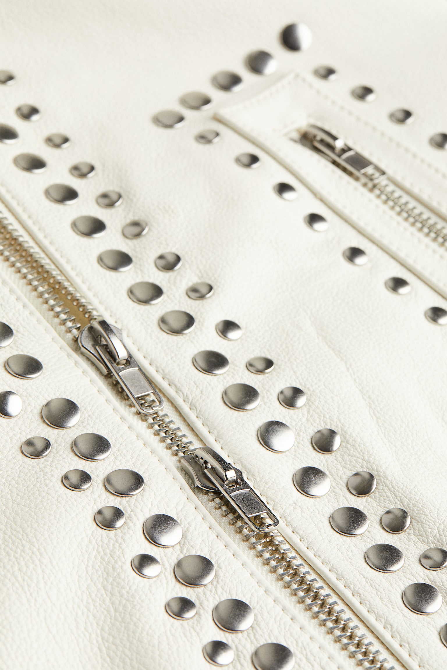 Studded Leather Biker Jacket - Cream - 2