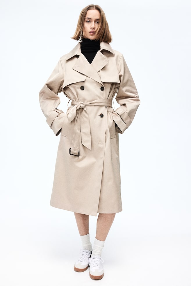 Double-breasted twill trench coat - Beige/Black - 5
