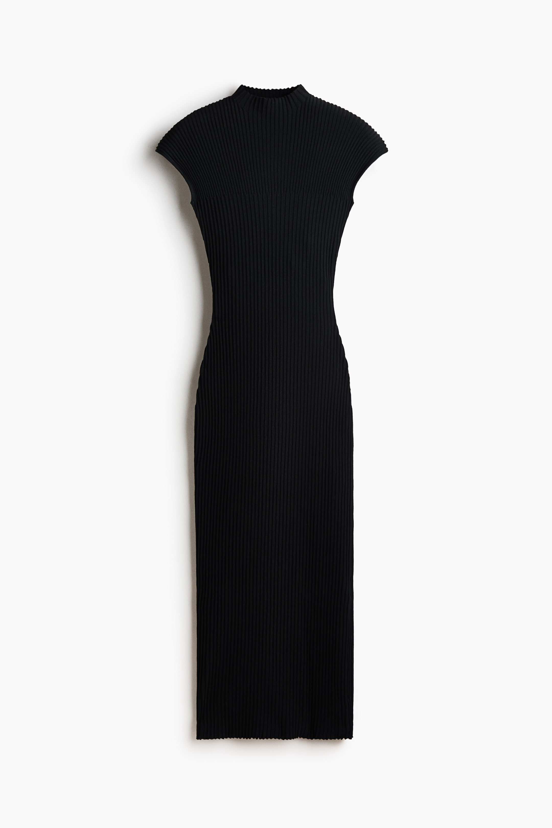 View larger image: A black, calf-length fitted dress in a high-density rib knit is hanging front-facing, featuring a mock neck, cap sleeves, and a straight hem.