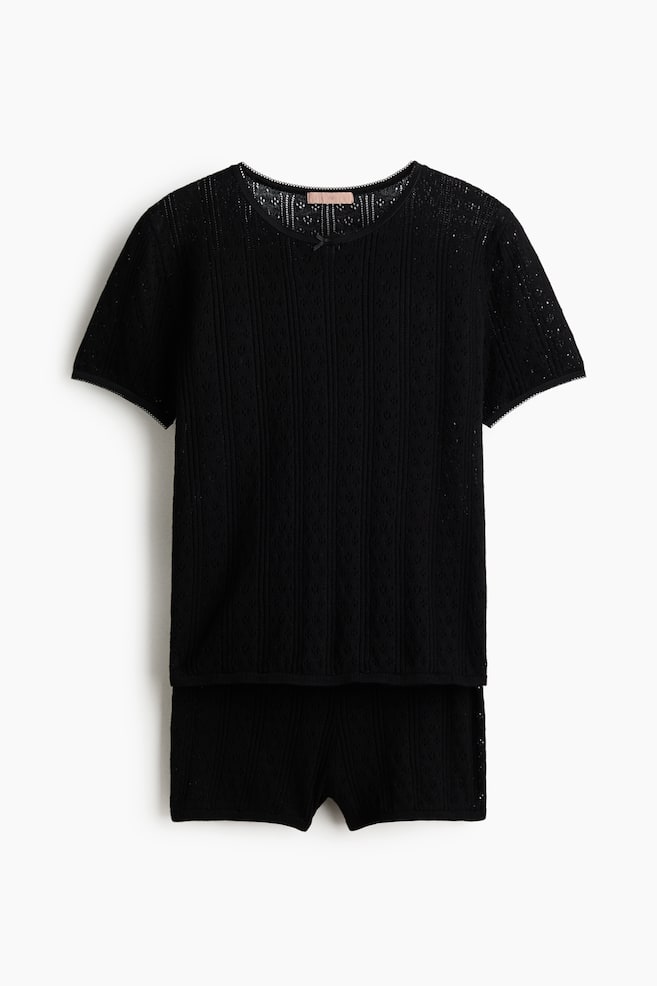 Pointelle-Knit Cotton Pajamas - Black - 1
