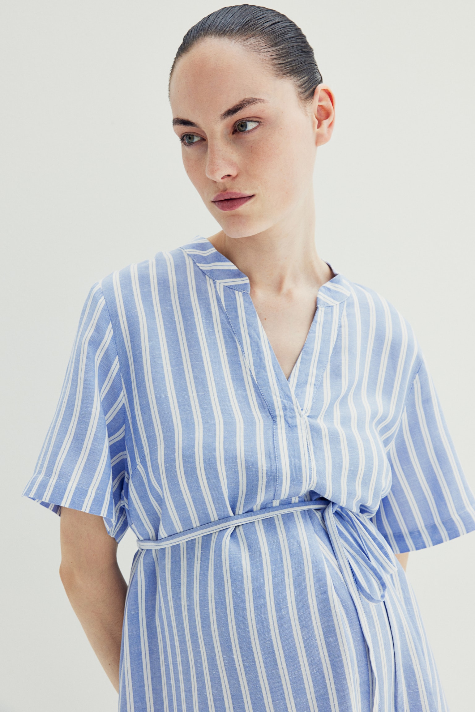 MAMA Linen Blend Tunic Dress - Blue/Stripe/White - 5