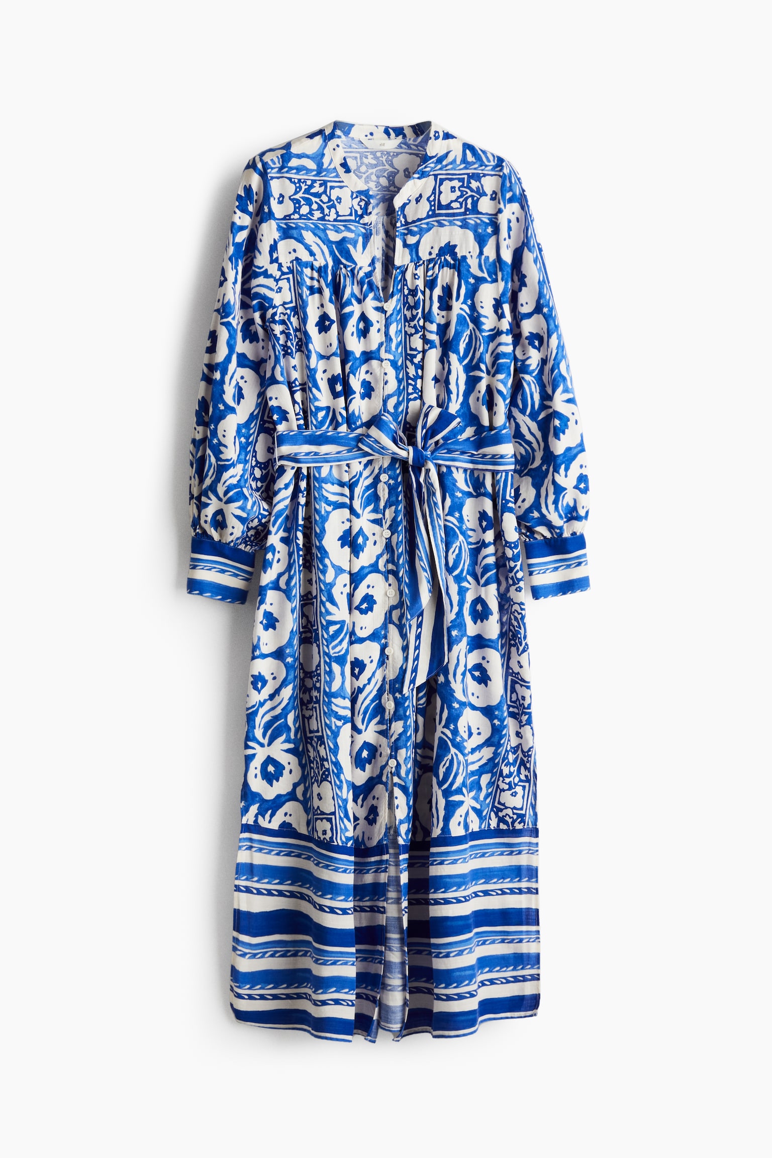 Tie-belt kaftan dress - Bright blue/White floral - 2