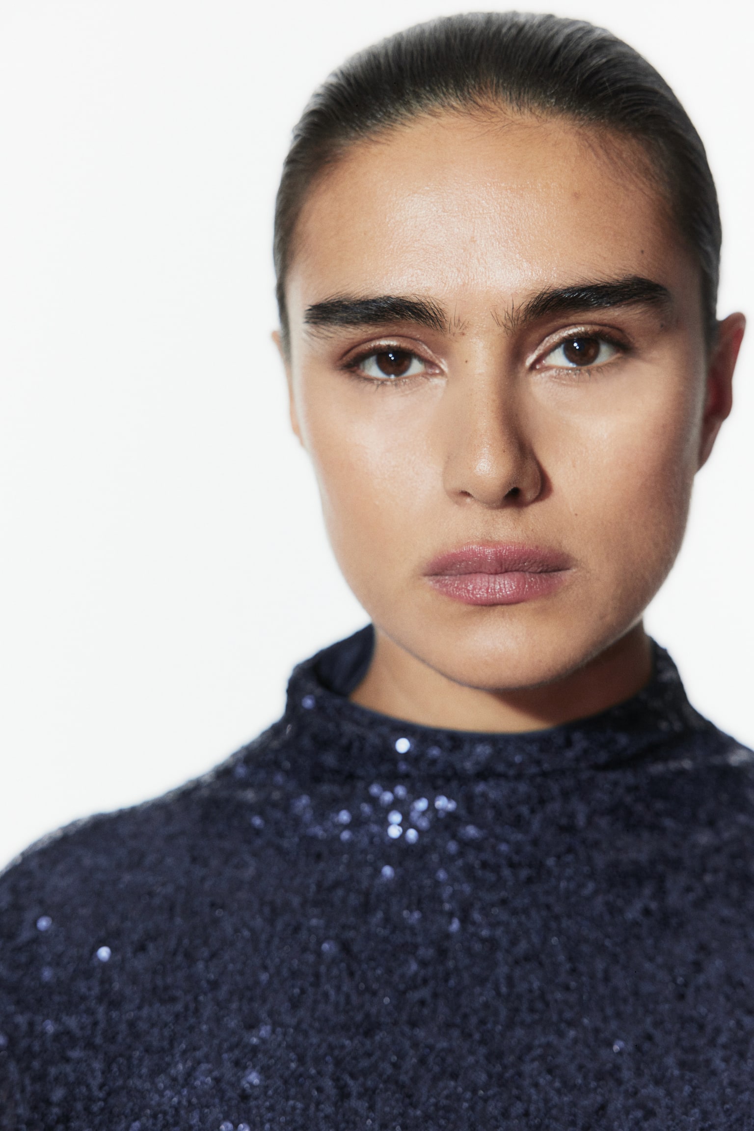 Sequined turtleneck top - Navy blue/Light beige/Silver-coloured/Black - 5