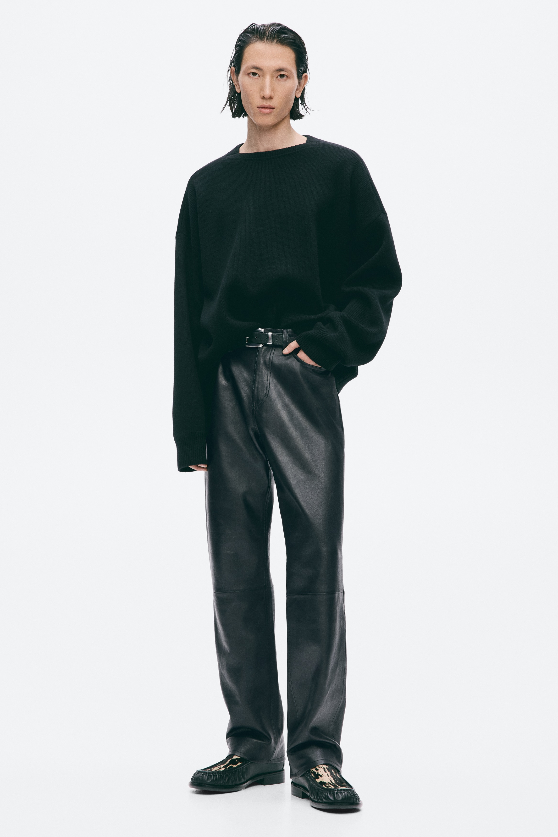 Regular Fit Leather trousers - Black/Dark red