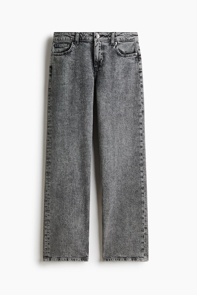 Dark grey straight-leg jeans are presented front-facing, featuring a faded wash, a button and zipper fly closure, and two front pockets with a small coin pocket. - 1