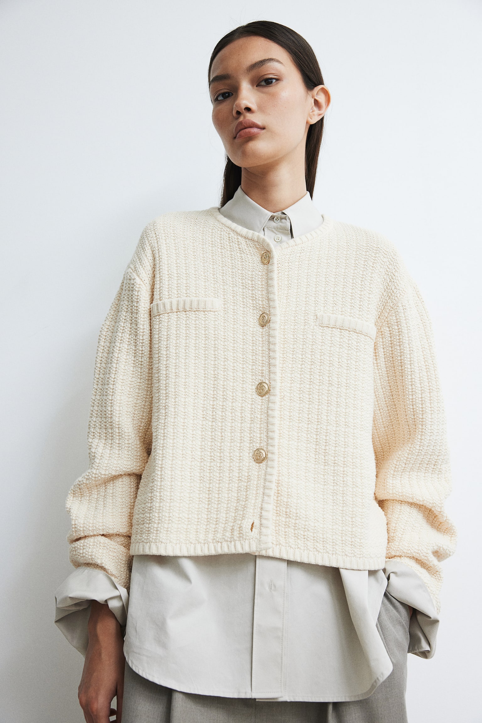 Short Textured Knit Cardigan - Cream/Black - 1