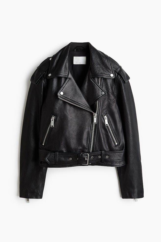 Bikerjacke aus Leder - Schwarz - 1