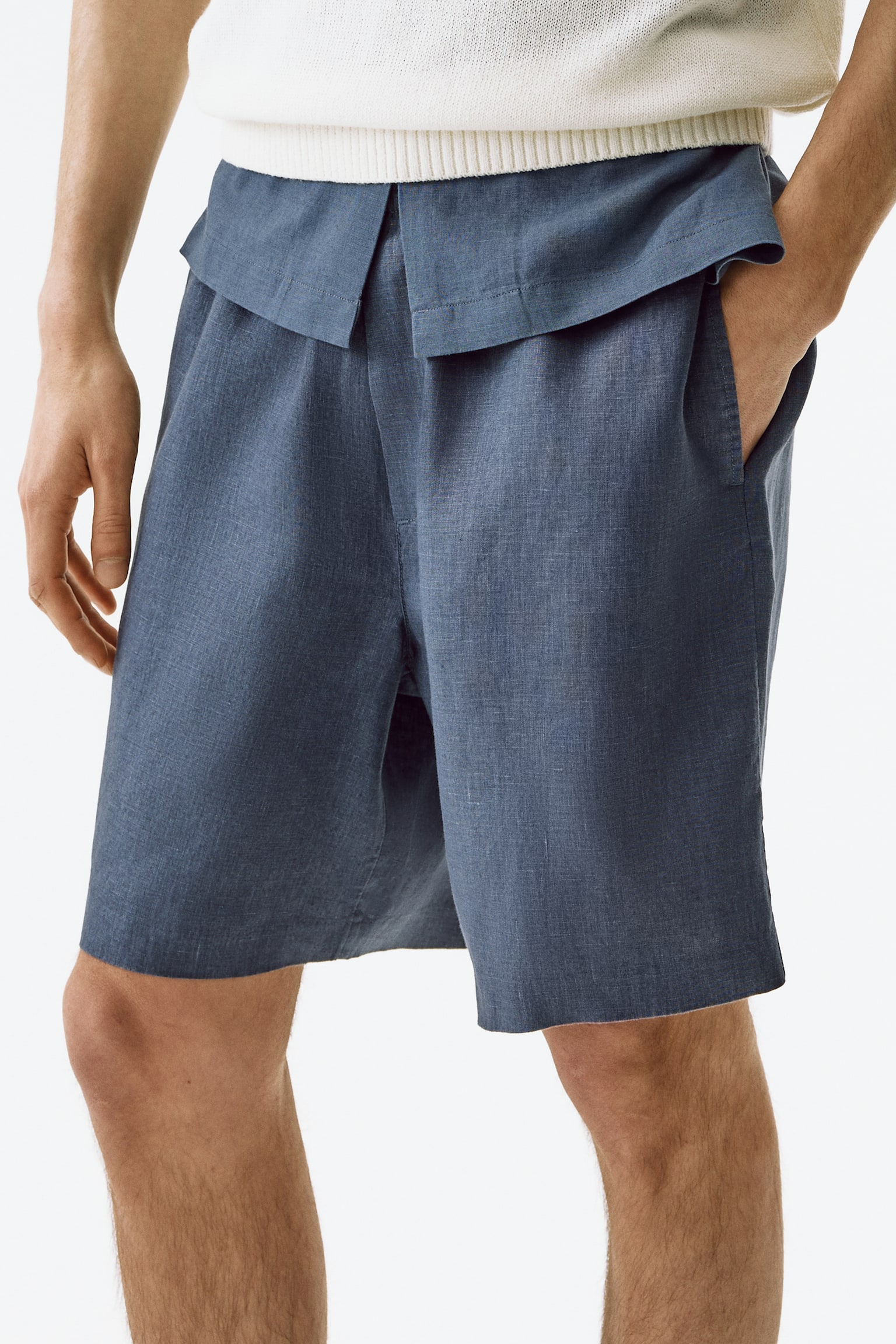מכנסי פשתן קצרים Relaxed Fit - כחול כהה מאובק/שחור/לבן/בז' בהיר - 3