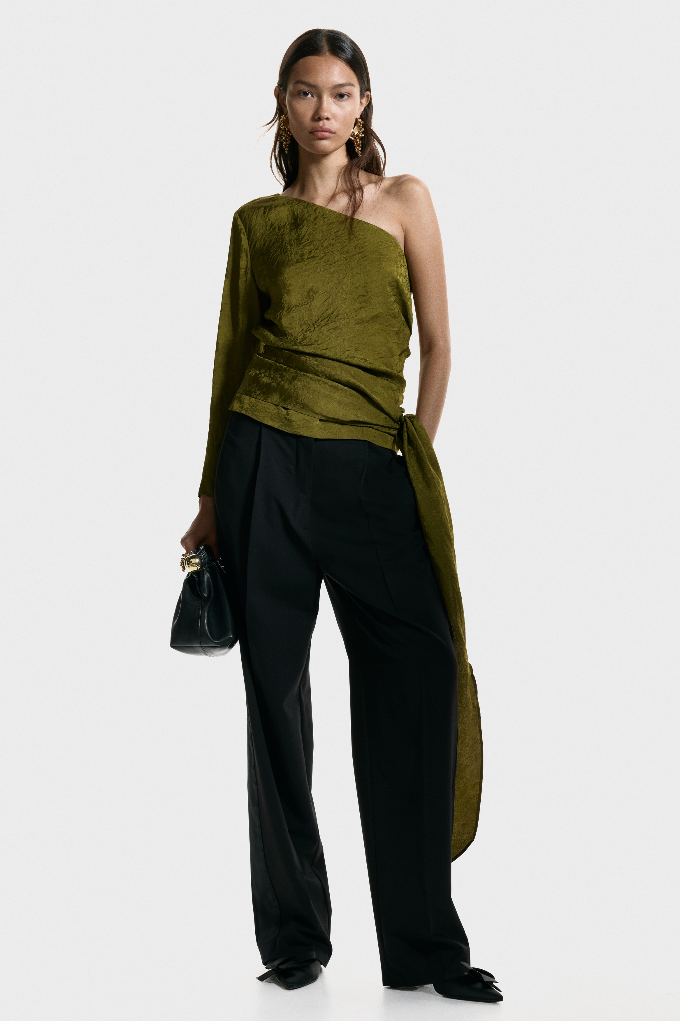 Jacquard-weave one-shoulder blouse