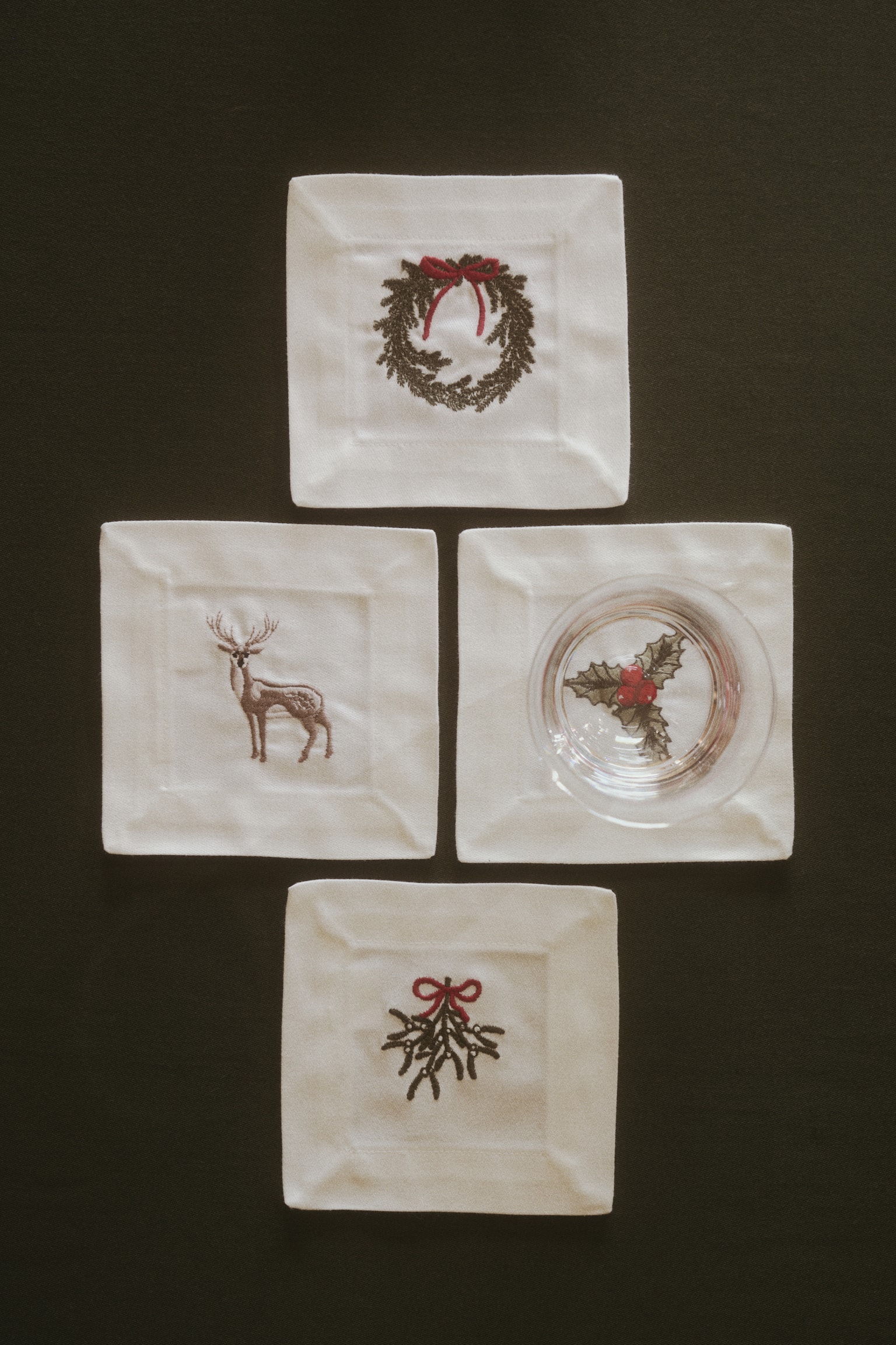 4-pack embroidered sateen coasters - White/Christmas - 1