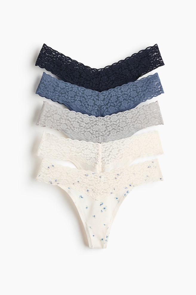 Krajkové kalhotky thong: balení po 5 - Modrá/šedá/krémová/Černá/Tlumená růžová/srdíčka/Světle růžová/vínová/Světle růžová/krémová s květy - 1