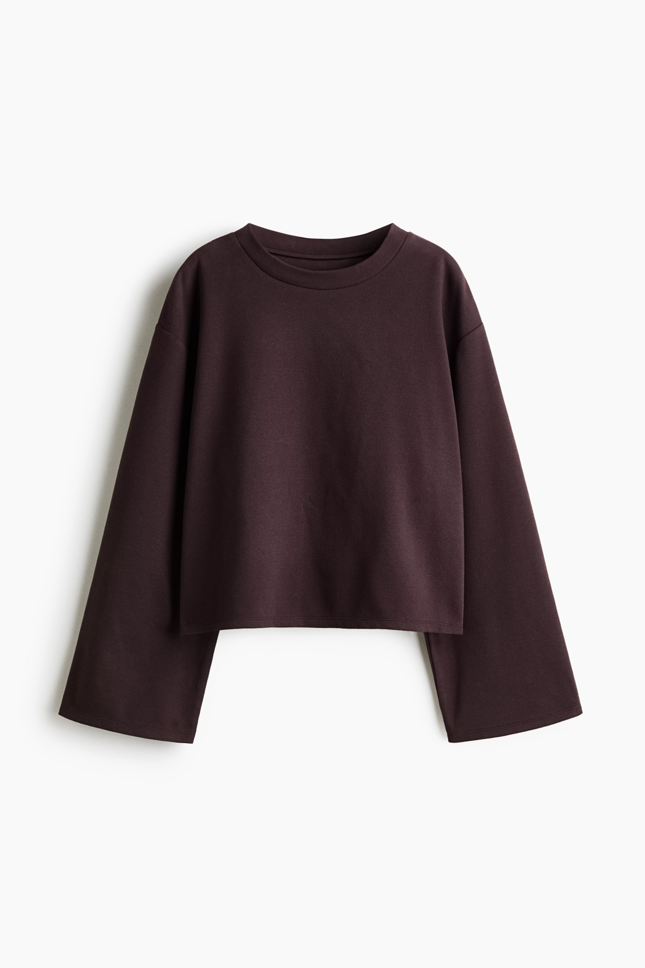 View larger image: A dark brown cropped sweatshirt is shown from the front, featuring a ribbed crewneck, dropped shoulders, and wide, flared sleeves. The garment displays a relaxed fit with a straight, clean hemline.