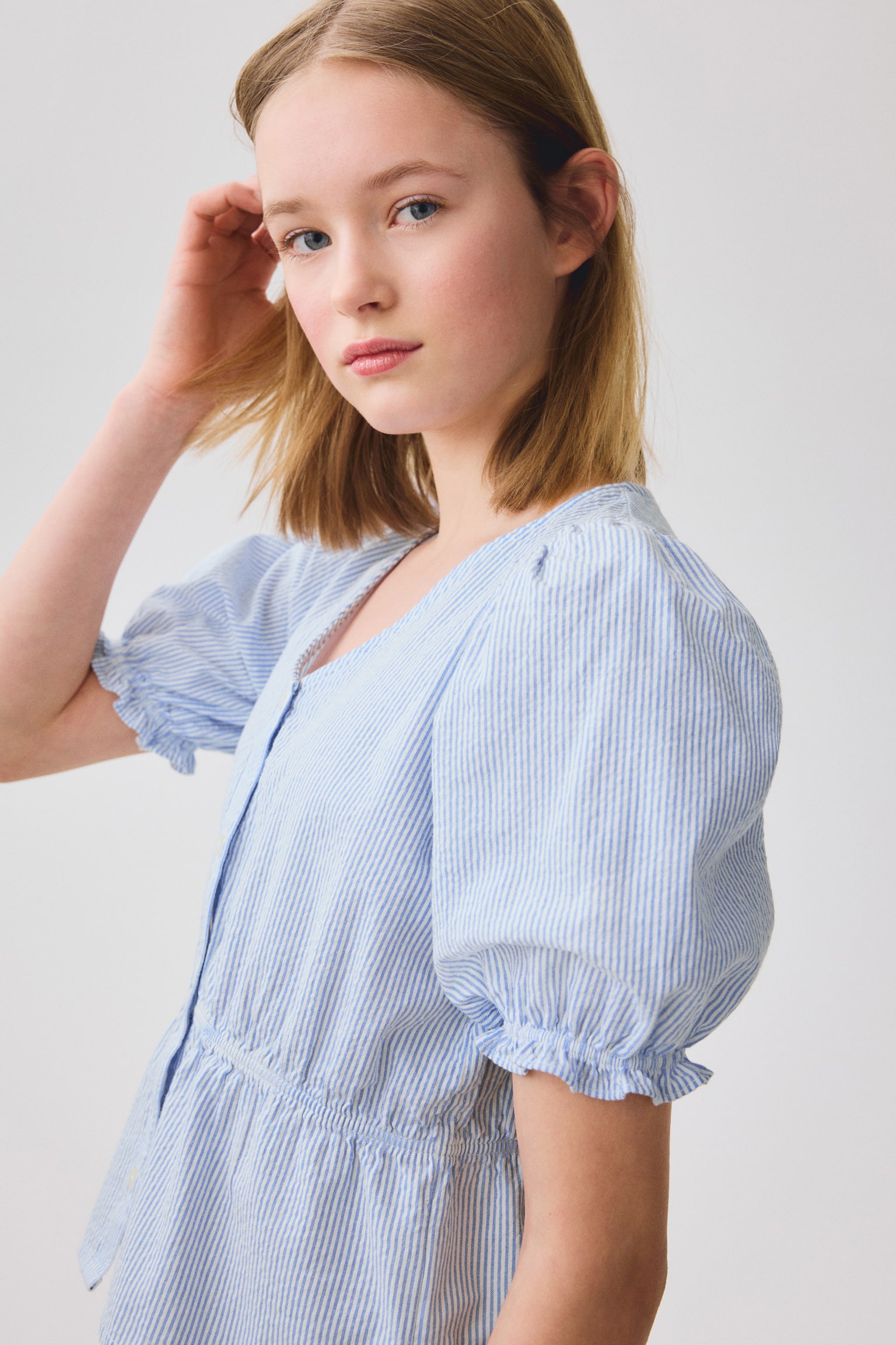 Puff-sleeved cotton seersucker blouse - Light blue/Striped/Cream/Floral/White - 3