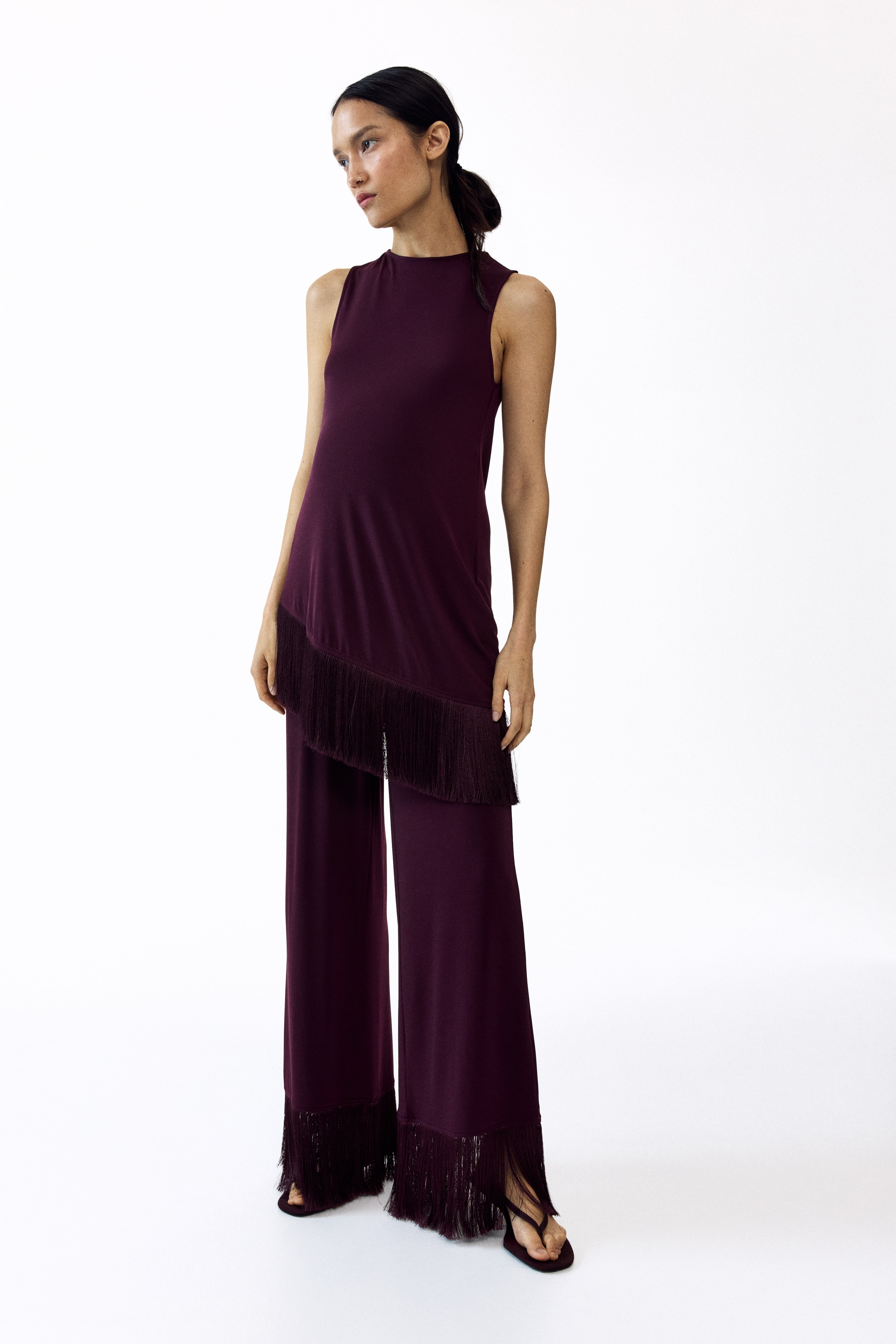 MAMA Asymmetric Fringe-Trimmed Top