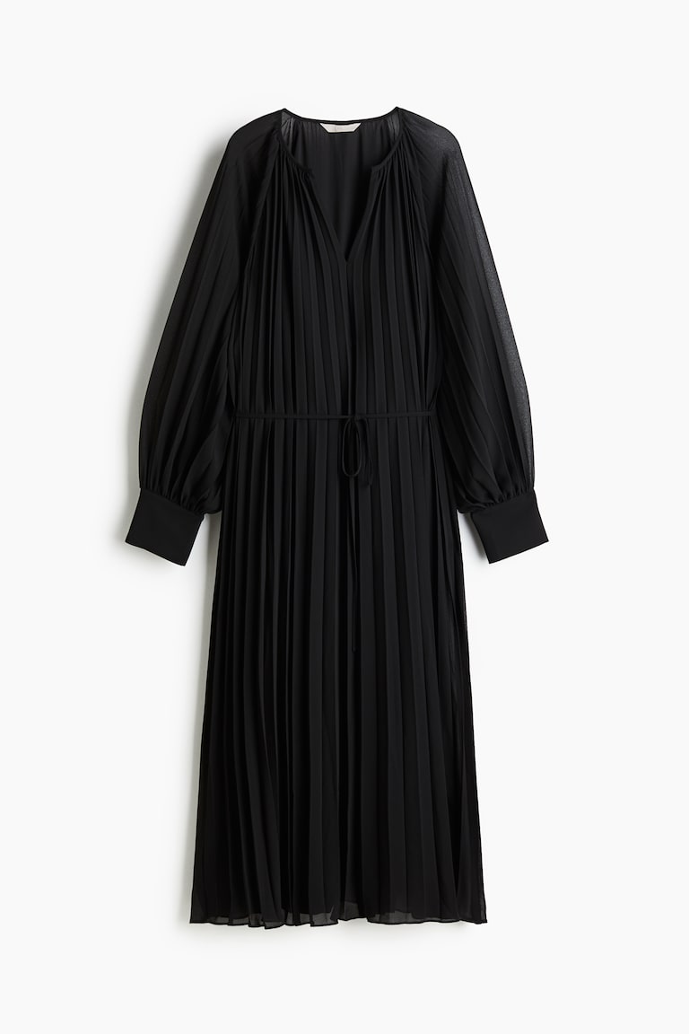 h&m pleated midi dress H&M Pleated Chiffon Dress - Low-cut Neckline - Long sleeve - Green - Ladies  | H&M US