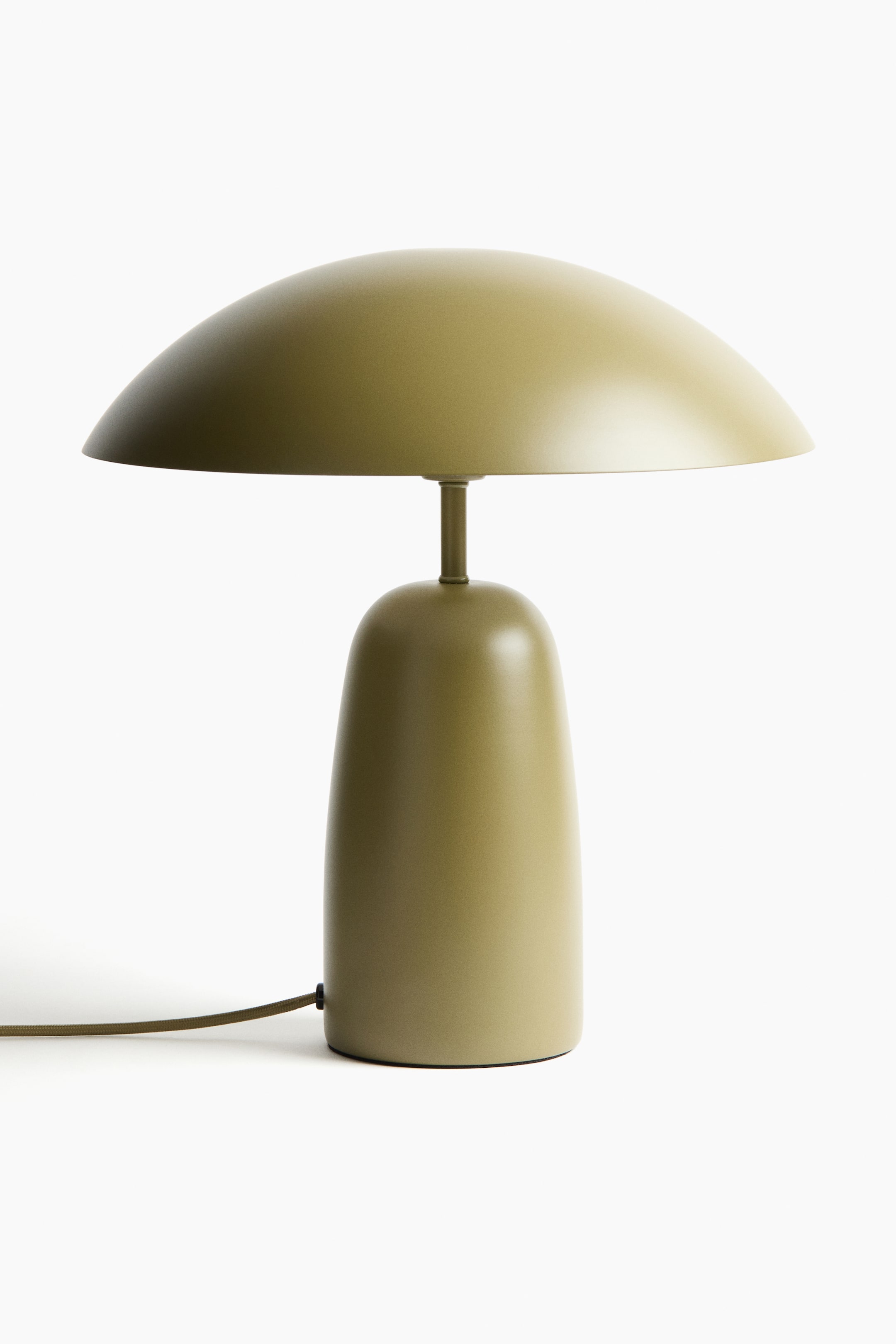 View larger image: A lacquered metal table lamp is standing from the FRONT, presenting a modern design with an olive green finish.