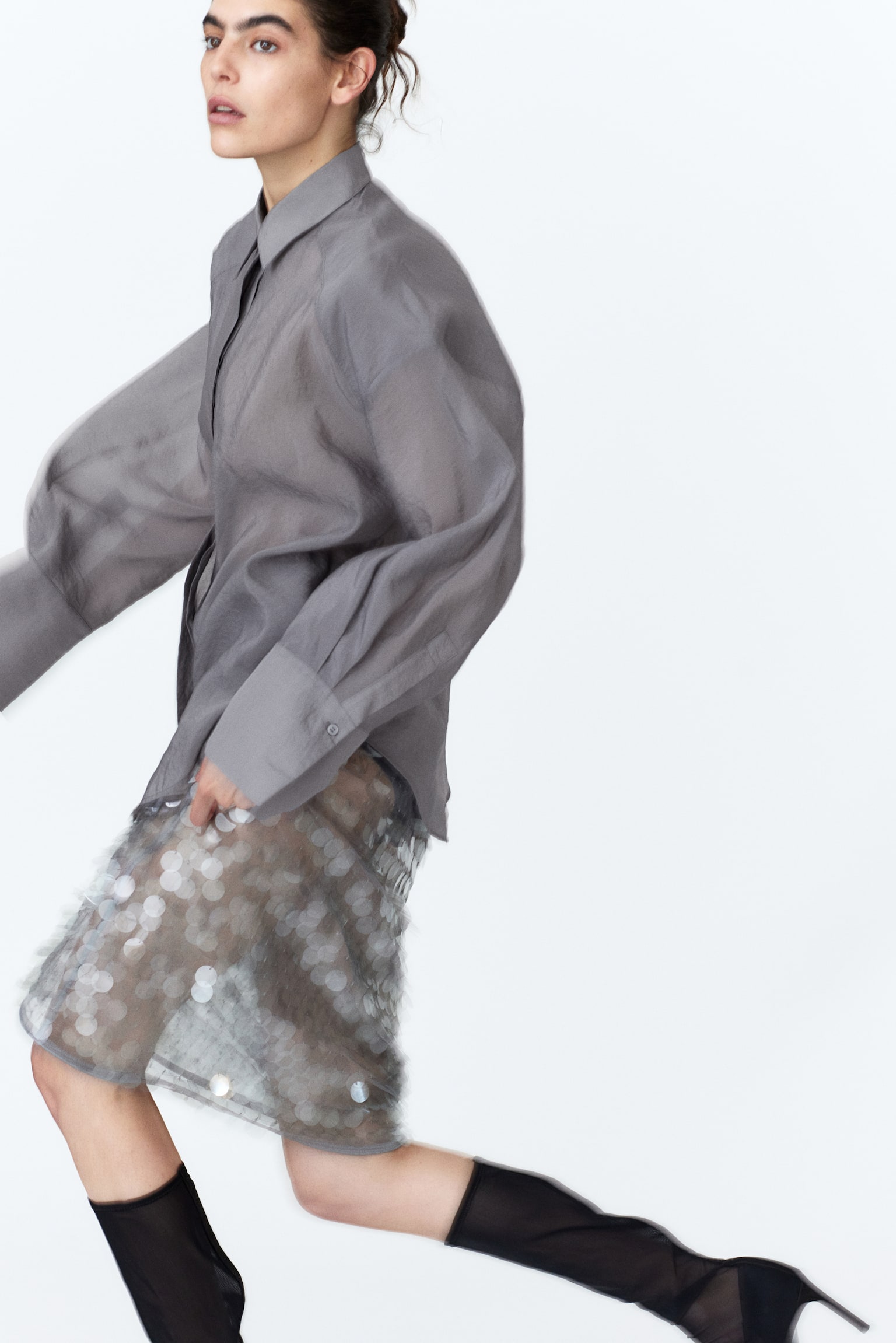 Oversized organza shirt - Grey - 3