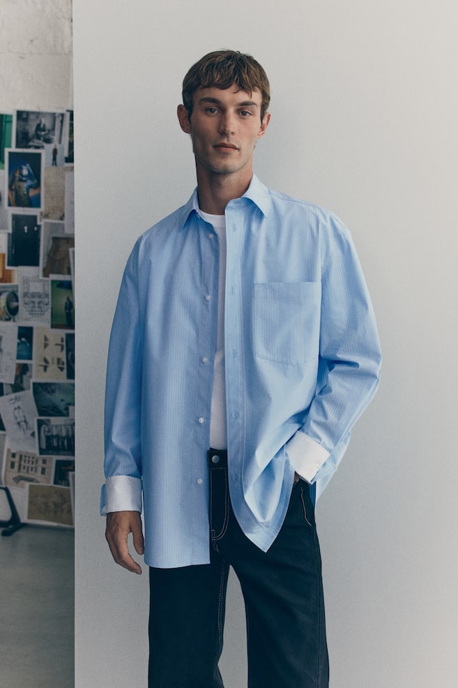 Striped Cotton Shirt - Light blue/striped - 1