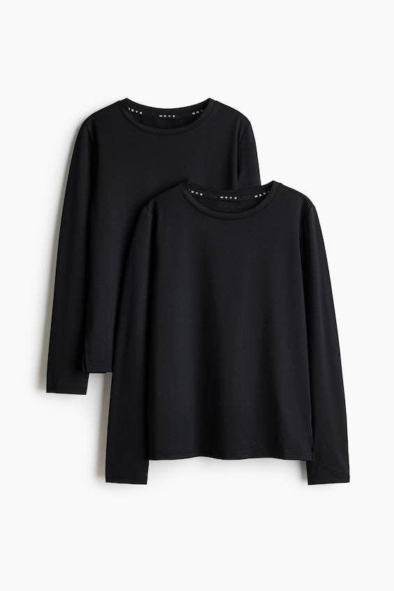 Детские рубашки H&M Move 2-Pack Long-Sleeved Sports with DryMove™, цвет: Чёрный