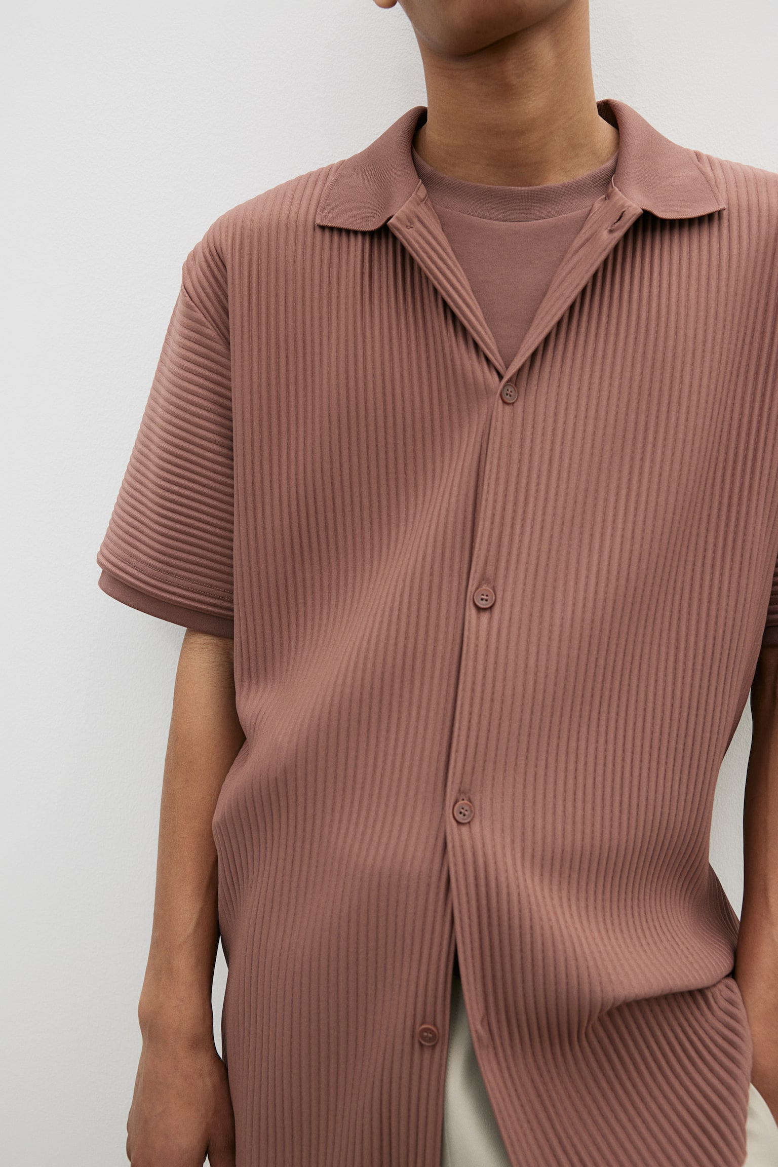 Loose Fit Pleated Shirt - Brick red/Light beige/Black - 4