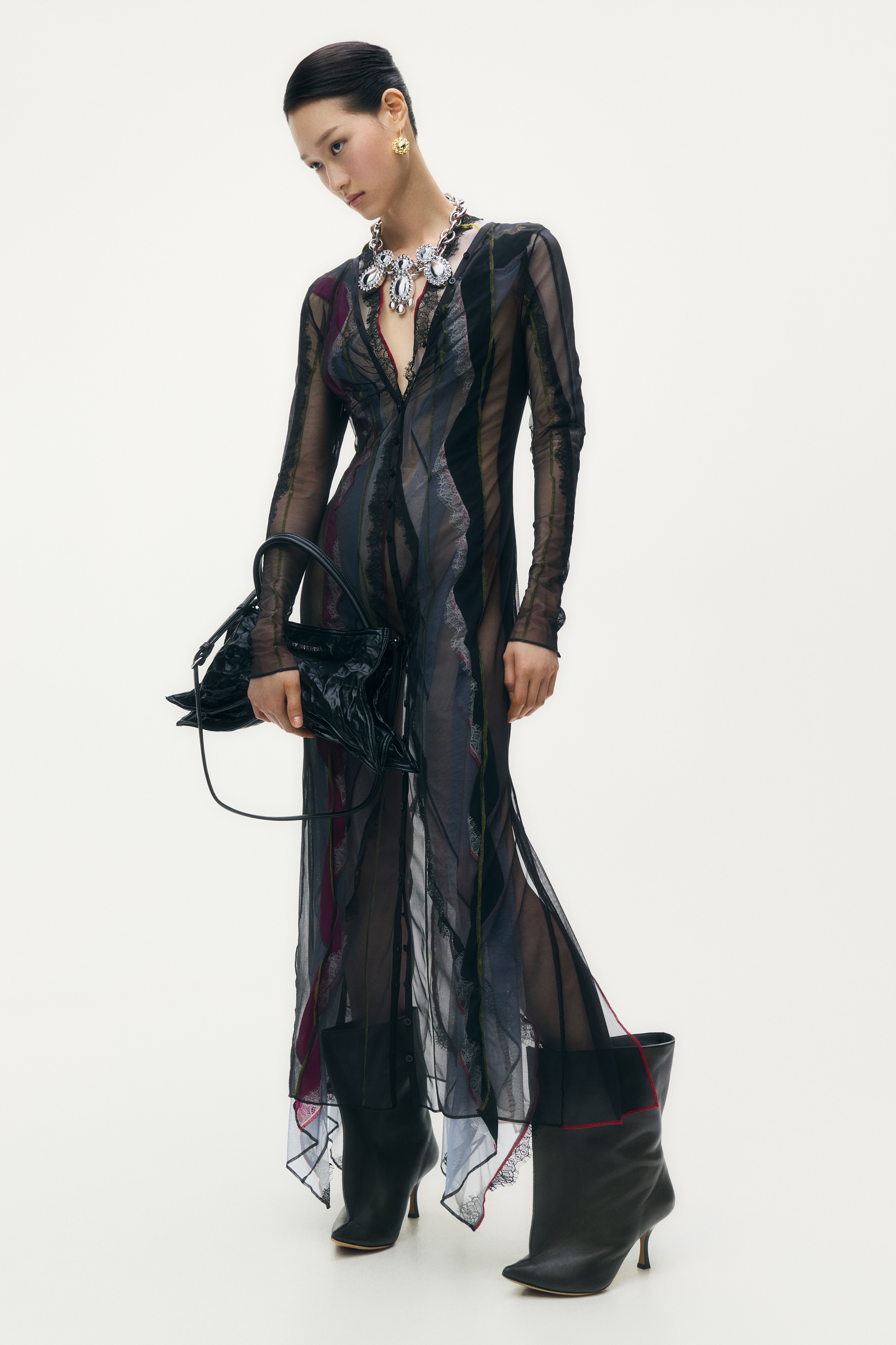 H & M - レイヤードメッシュワンピース - ブラック