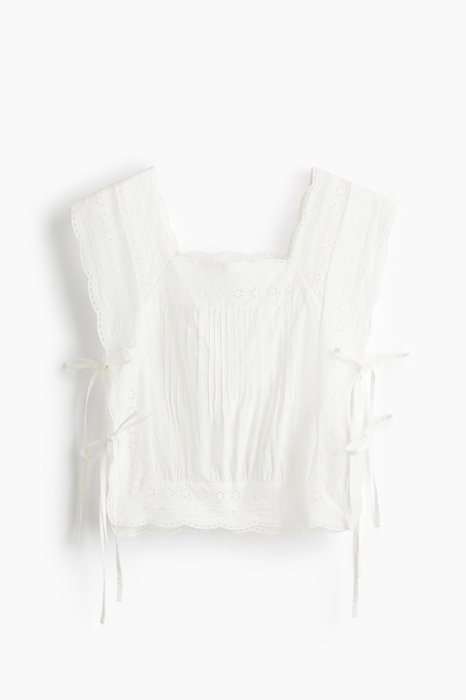 Top met broderie anglaise en striklintjes - Wit