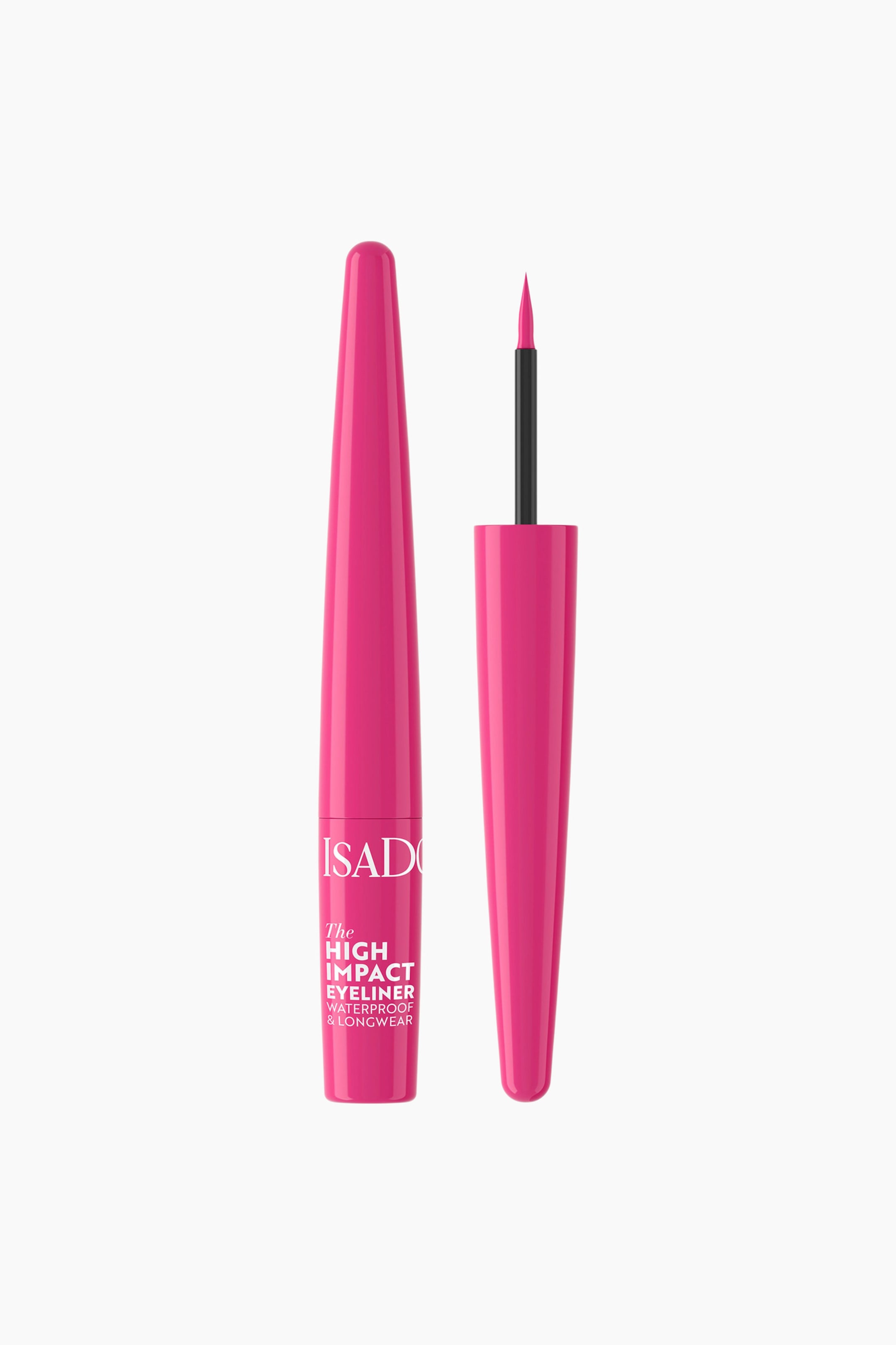 Vis større bilde: En klar rosa flytende eyeliner står oppreist, med sin tilspissede flaske til venstre og det avtagne lokket og applikatoren til høyre. Flasken viser "ISADO The HIGH IMPACT EYELINER WATERPROOF & LONGWEAR" i hvit tekst, mens lokket har en svart applikatorstang med en fin rosa børstetupp.