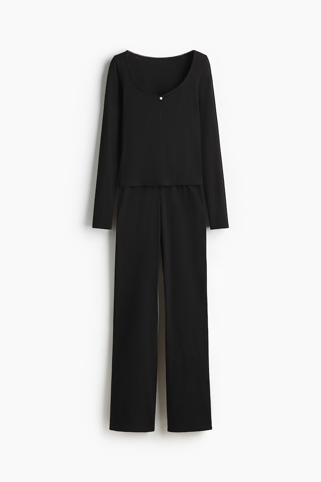 Cotton pointelle pyjamas - Black/Dark grey marl/White - 1
