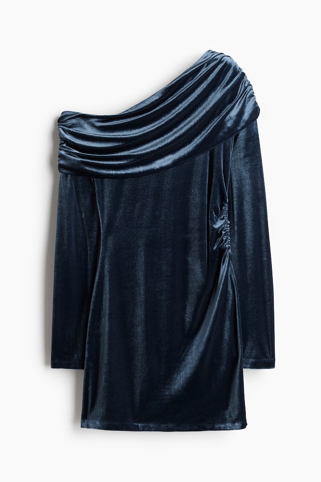 Vestido de un hombro en velour - Azul pizarra - 1