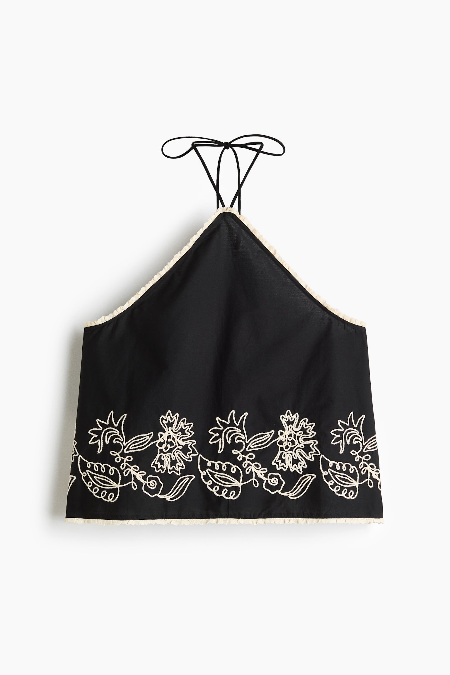 Embroidered Cotton Halterneck Top - Black/flowers - 1