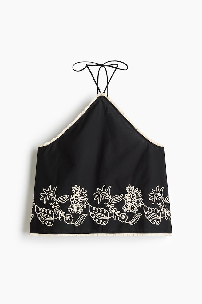 Katoenen haltertop met borduursel - Zwart/bloemen - 1