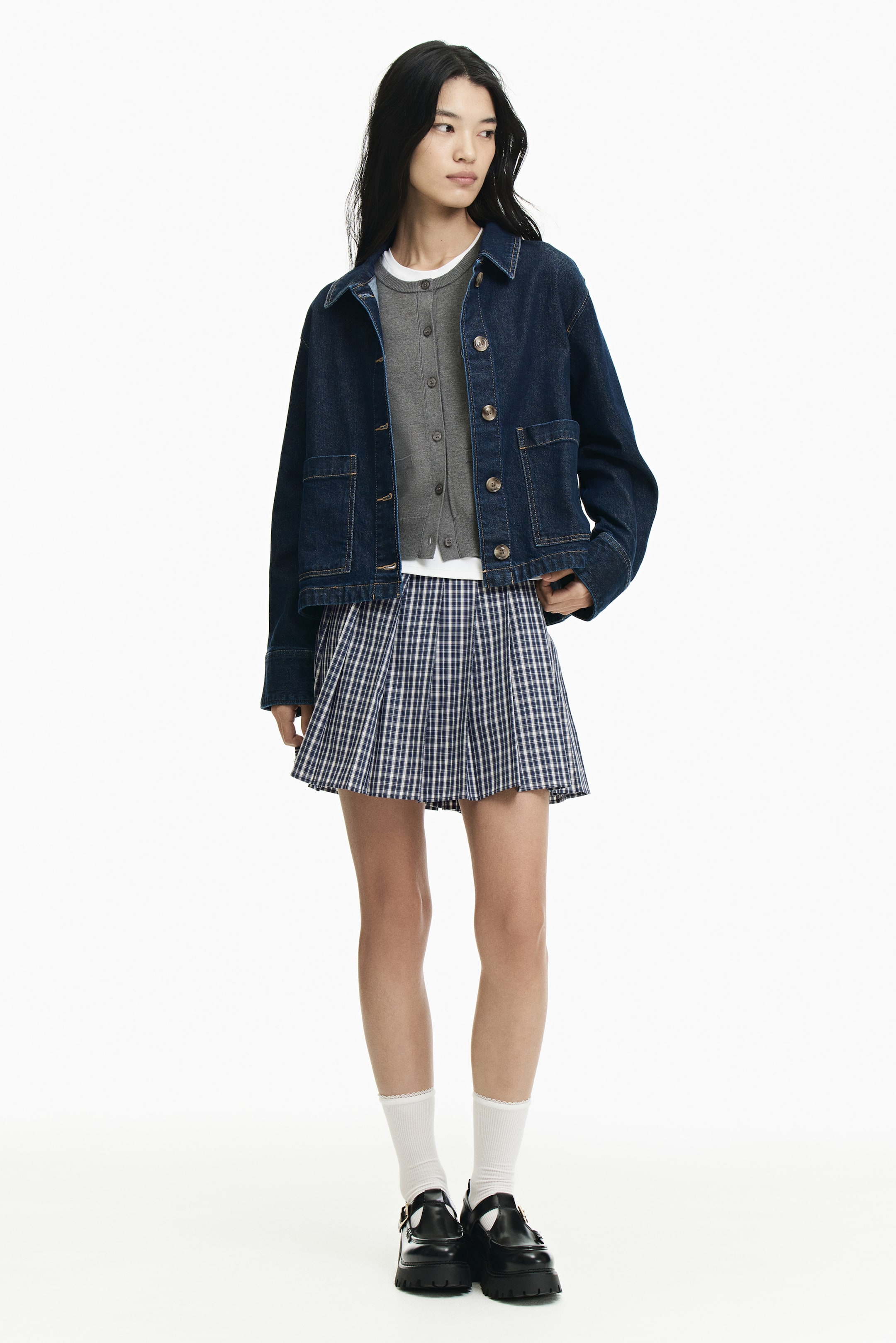 이미지 확대 보기: 벨티드 플리츠 스커트 - 다크 블루/체크 - 여성 | H&M KR 1