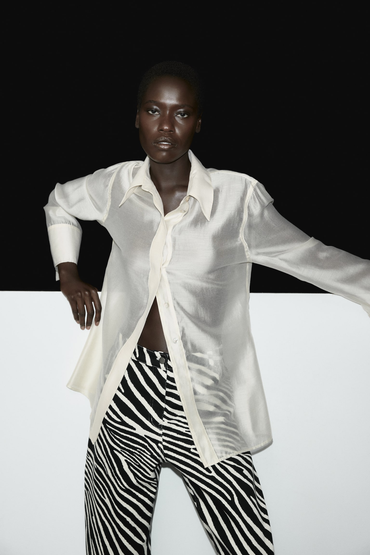 Barrel-leg twill trousers - Black/Zebra print - 1