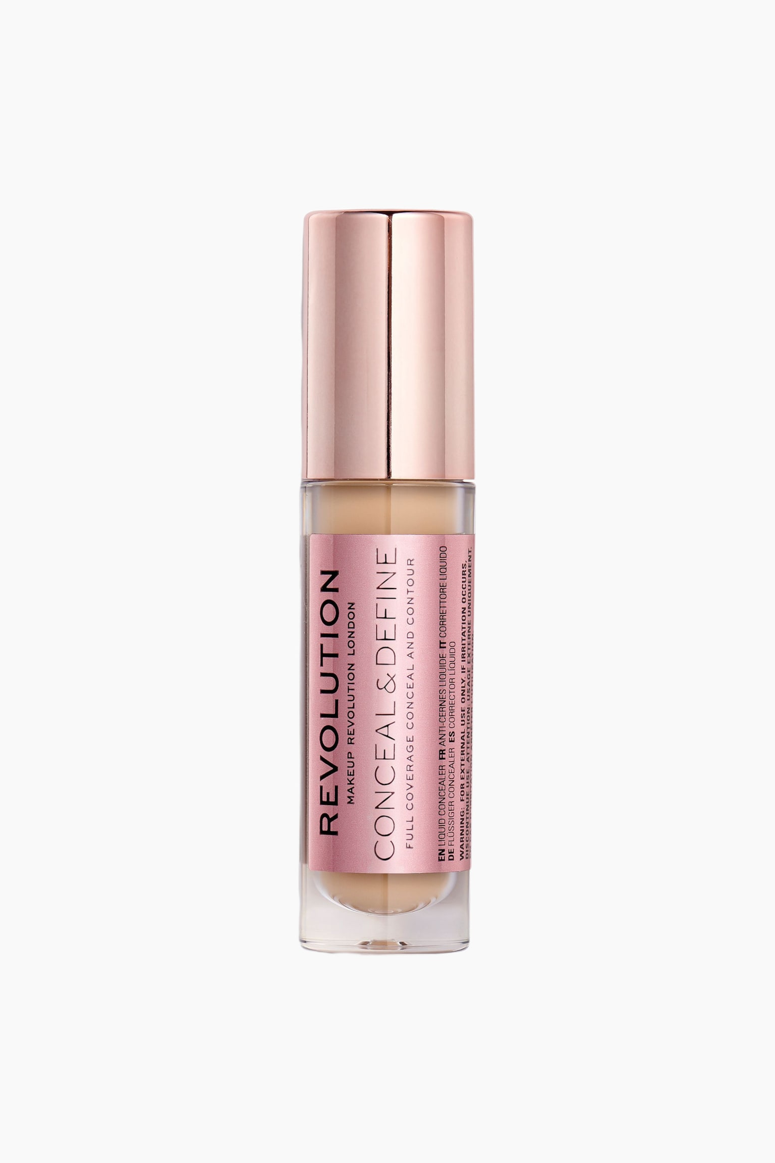 En tube med Makeup Revolution Conceal & Define concealer stÃ¥r oppreist og vendt forover, og viser frem en gjennomsiktig sylindrisk flaske fylt med en lys beige vÃ¦ske. Flasken har en metallisk rosegull-kork og en matchende rosegull-etikett med svart merkevaretekst. - 1