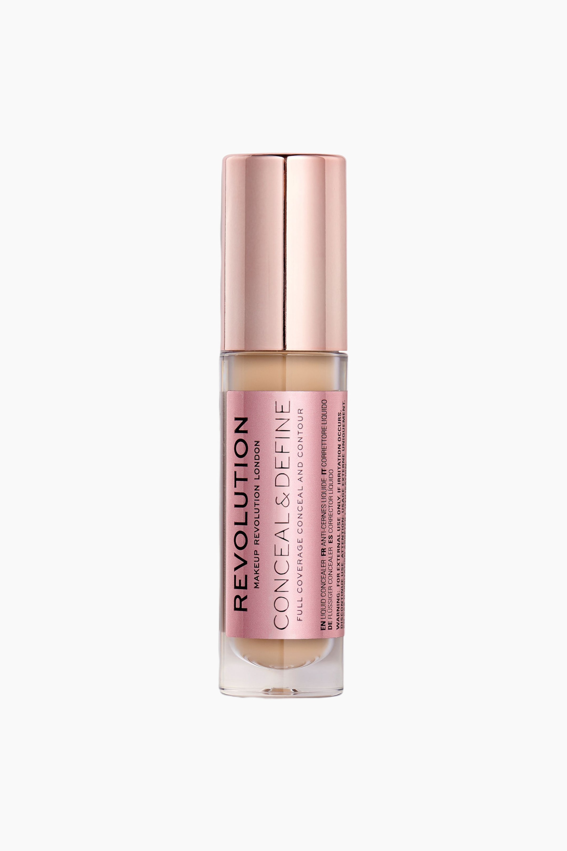 Visa större bild: En tub med Makeup Revolution Conceal & Define concealer står upprätt och vänd framåt, och visar en genomskinlig cylindrisk flaska fylld med en ljusbeige vätska. Flaskan har ett metalliskt roséguldfärgat lock och en matchande roséguldfärgad etikett med svart varumärkestext.