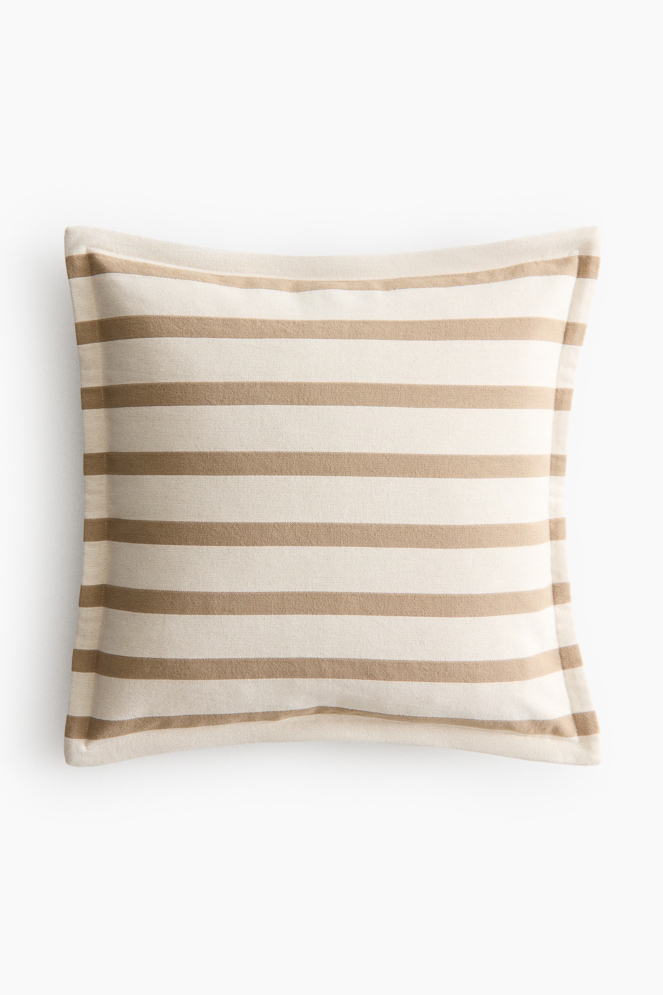 View larger image: A cushion cover in sturdy cotton canvas is shown from the front, displaying a horizontal striped pattern in alternating light cream and tan colours. It features a defined border along all edges.