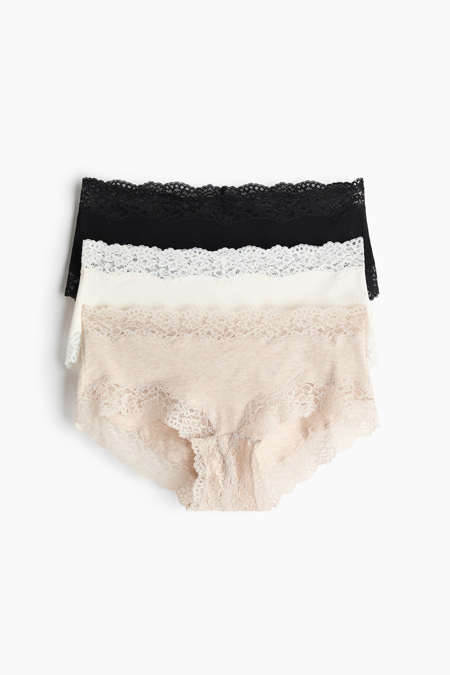 3-pack Panties shortie algodón con borde de encaje - Negro/Crema/Beige jaspeado/Negro