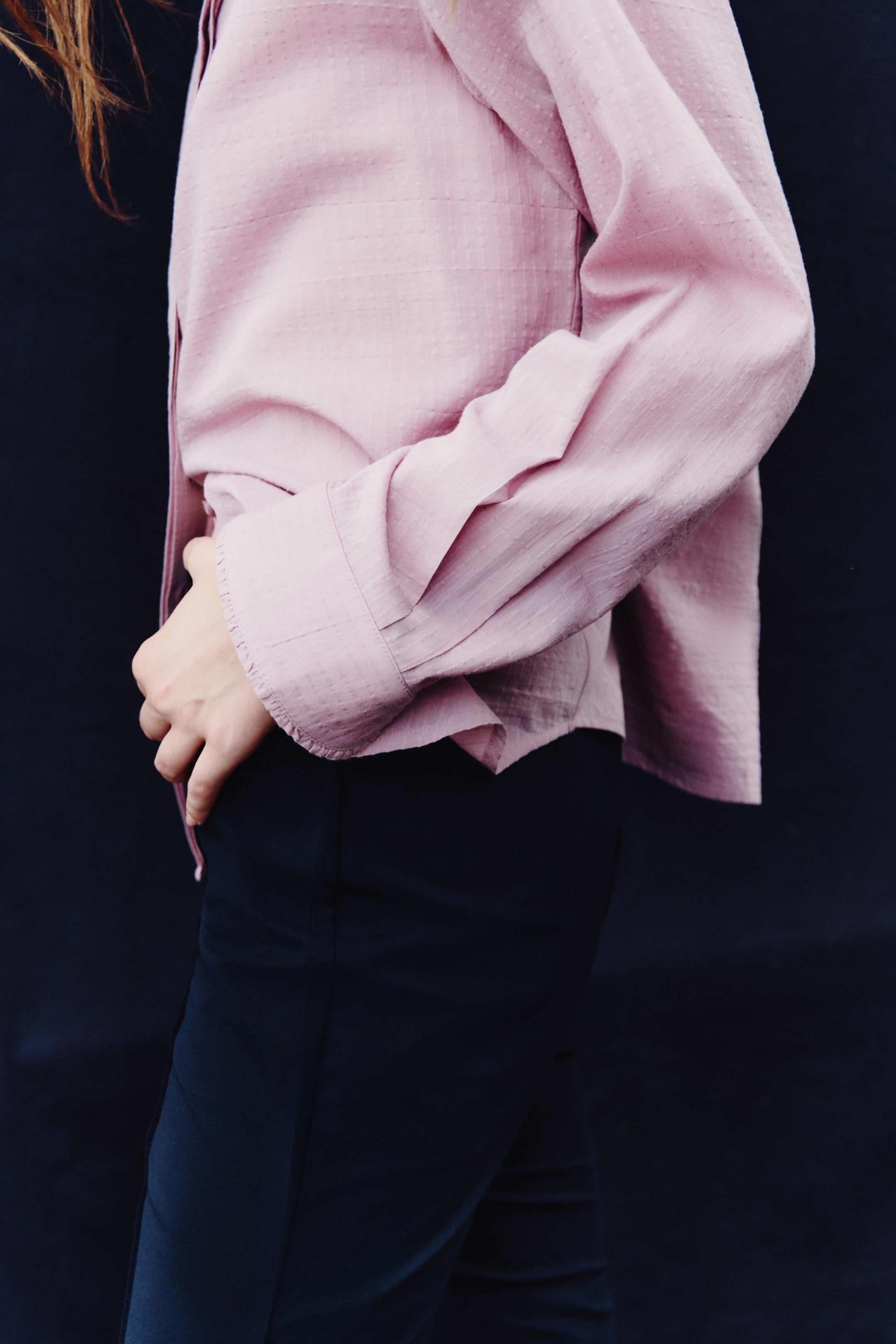 Ruffle-Trimmed Stand-Up Collar Shirt