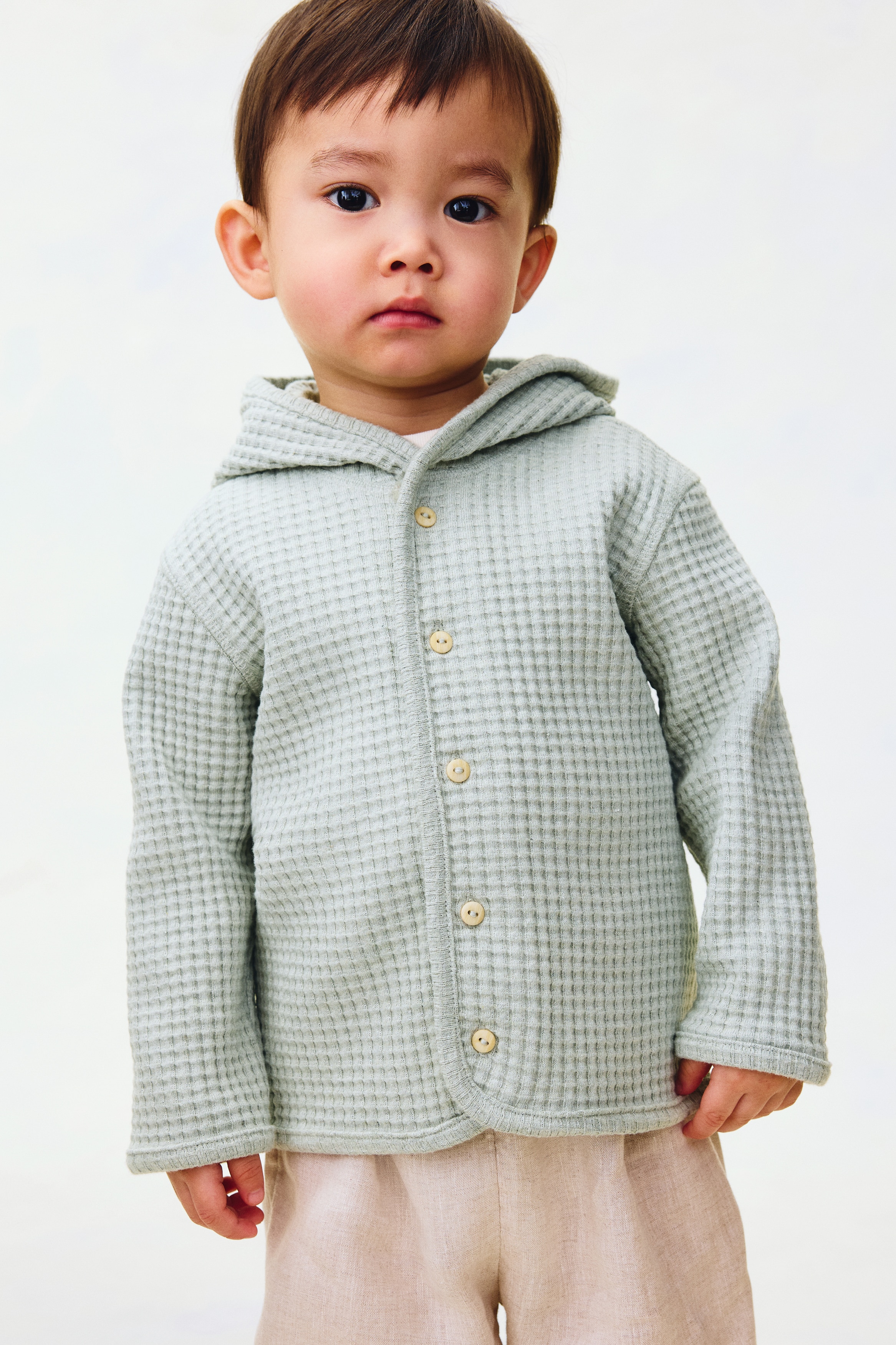 Baumwoll-Cardigan mit Waffelstruktur - Helles Mattgrün/Hellbeige