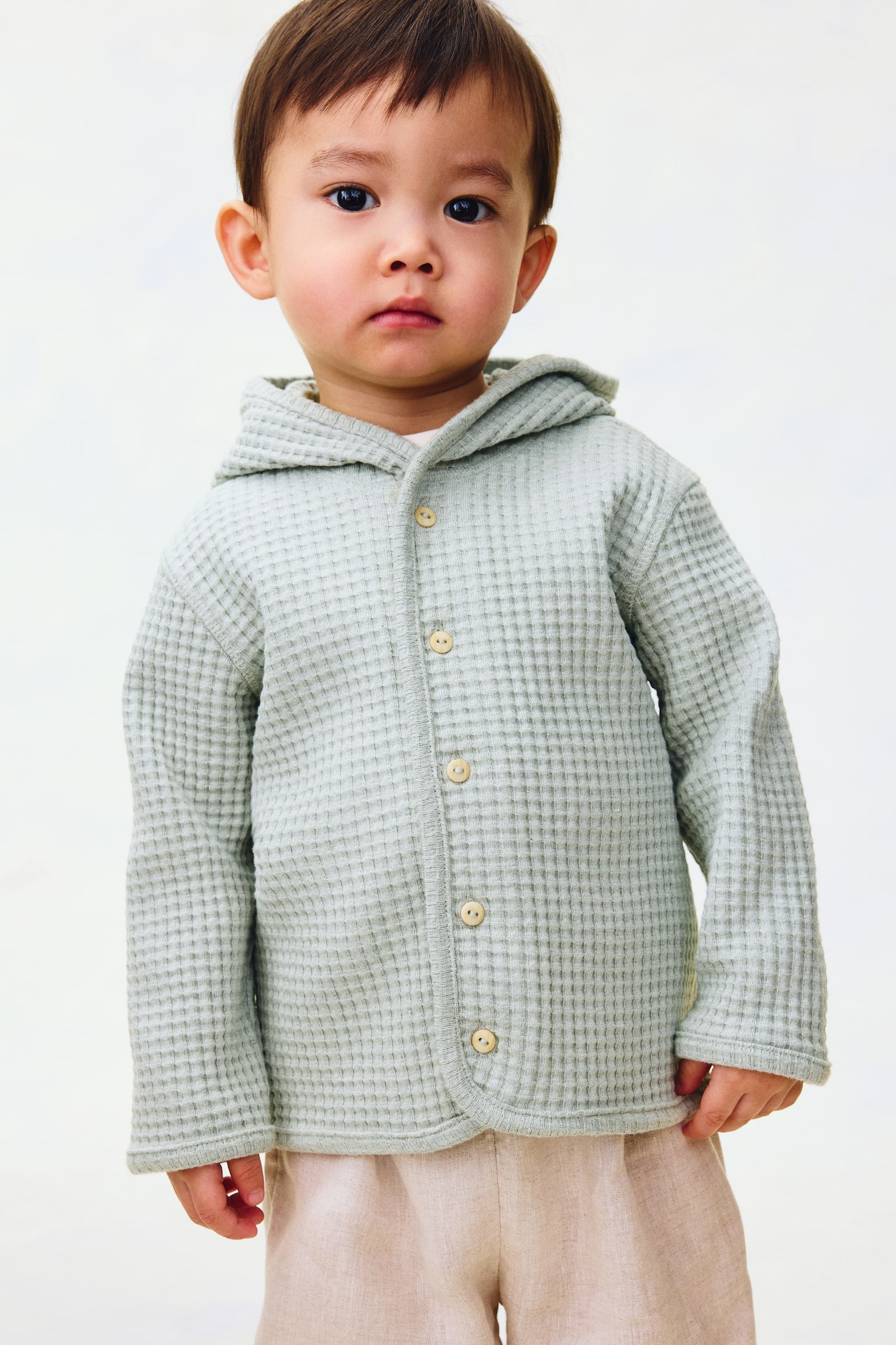 Waffled cotton cardigan - Light dusty green/Light beige - 2
