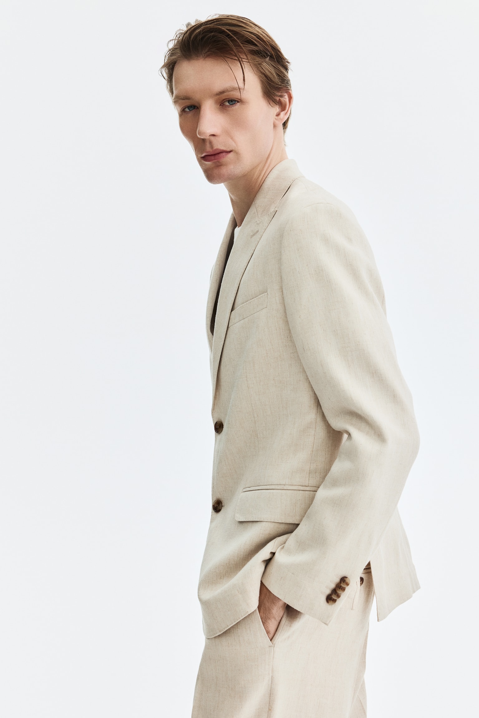 Jakke i hørblanding Regular Fit - Lys beige/Mørkebrun/Sort - 7